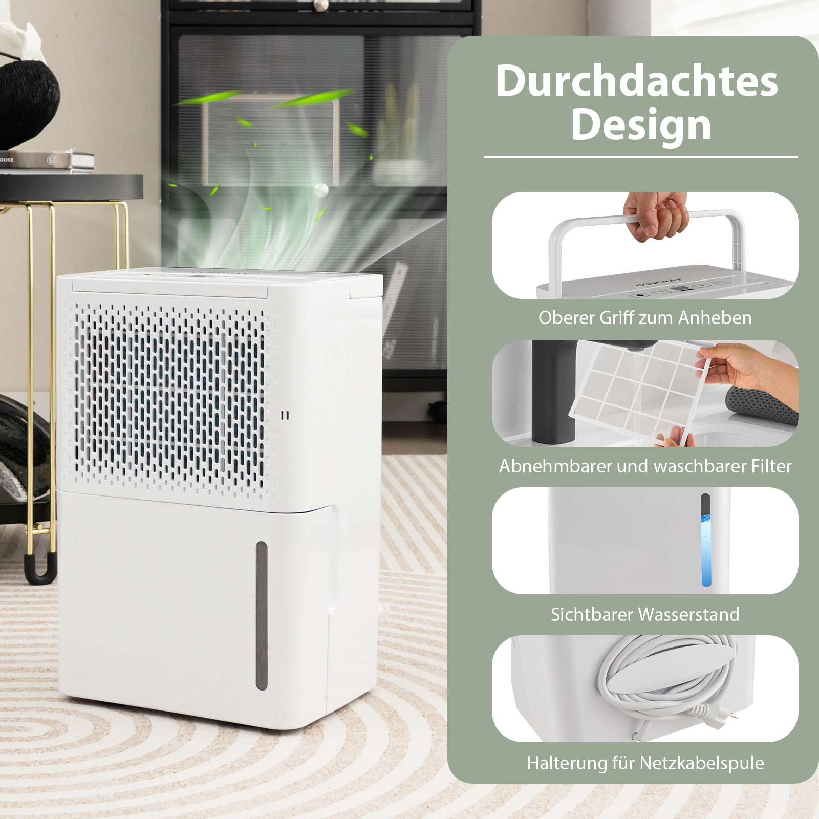 Weißer Luftentfeuchter mit Designdetails. Merkmale sind Griff, Filter und Wasserstand.