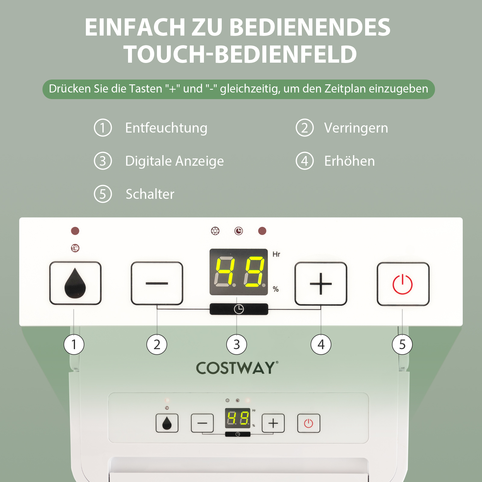 Ein weißes Bedienfeld mit Knöpfen und digitaler Anzeige.