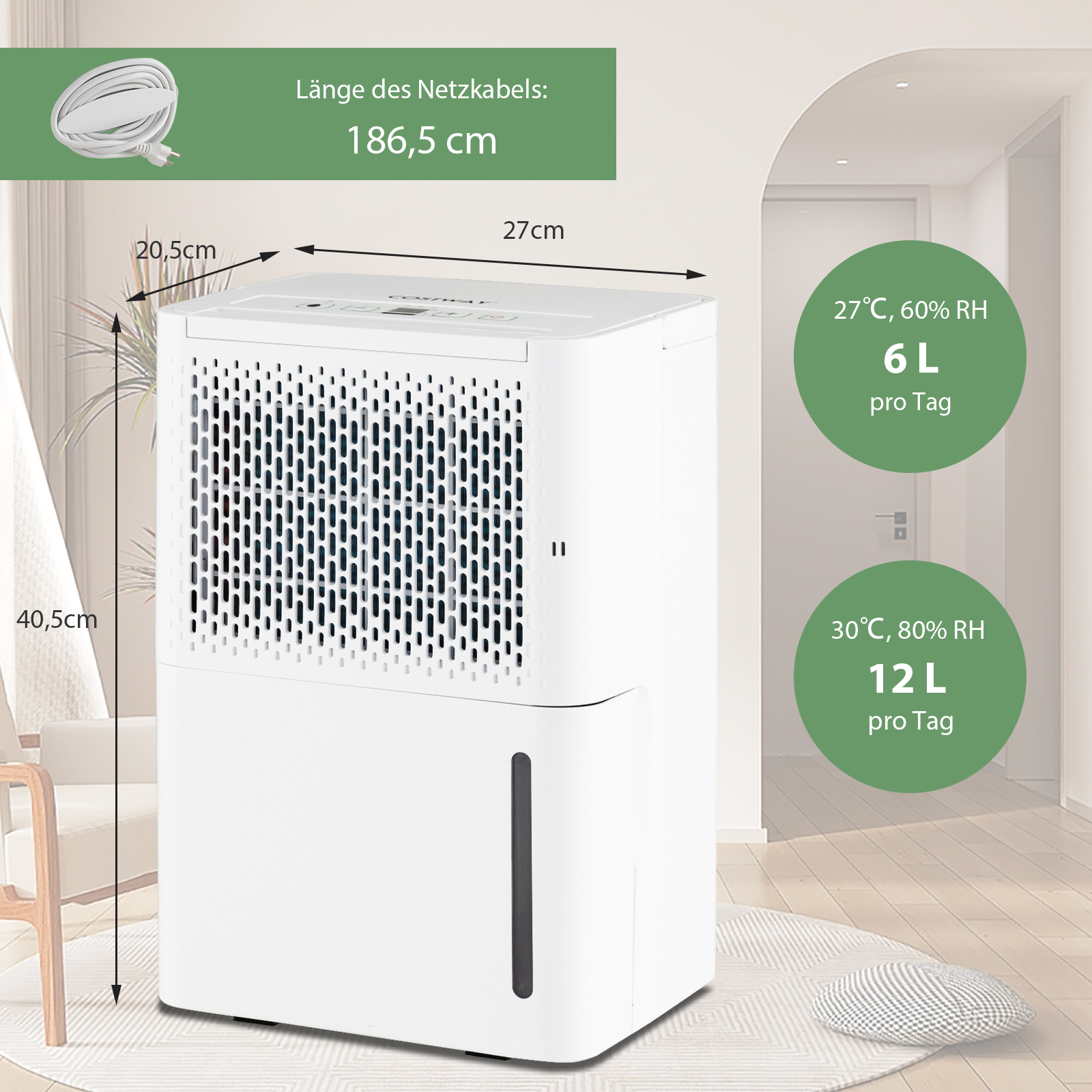 Weißer Luftentfeuchter mit Abmessungen und Daten von 27°C, 60% RH, 6L/Tag und 30°C, 80% RH, 12L/Tag.