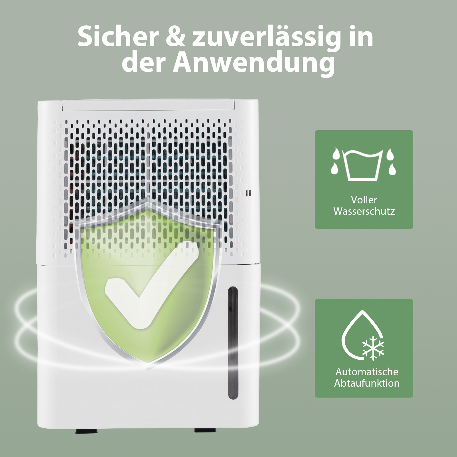 Weißer Luftentfeuchter mit grünem Häkchenschild. Symbole für Wasserschutz und automatische Entleerung.