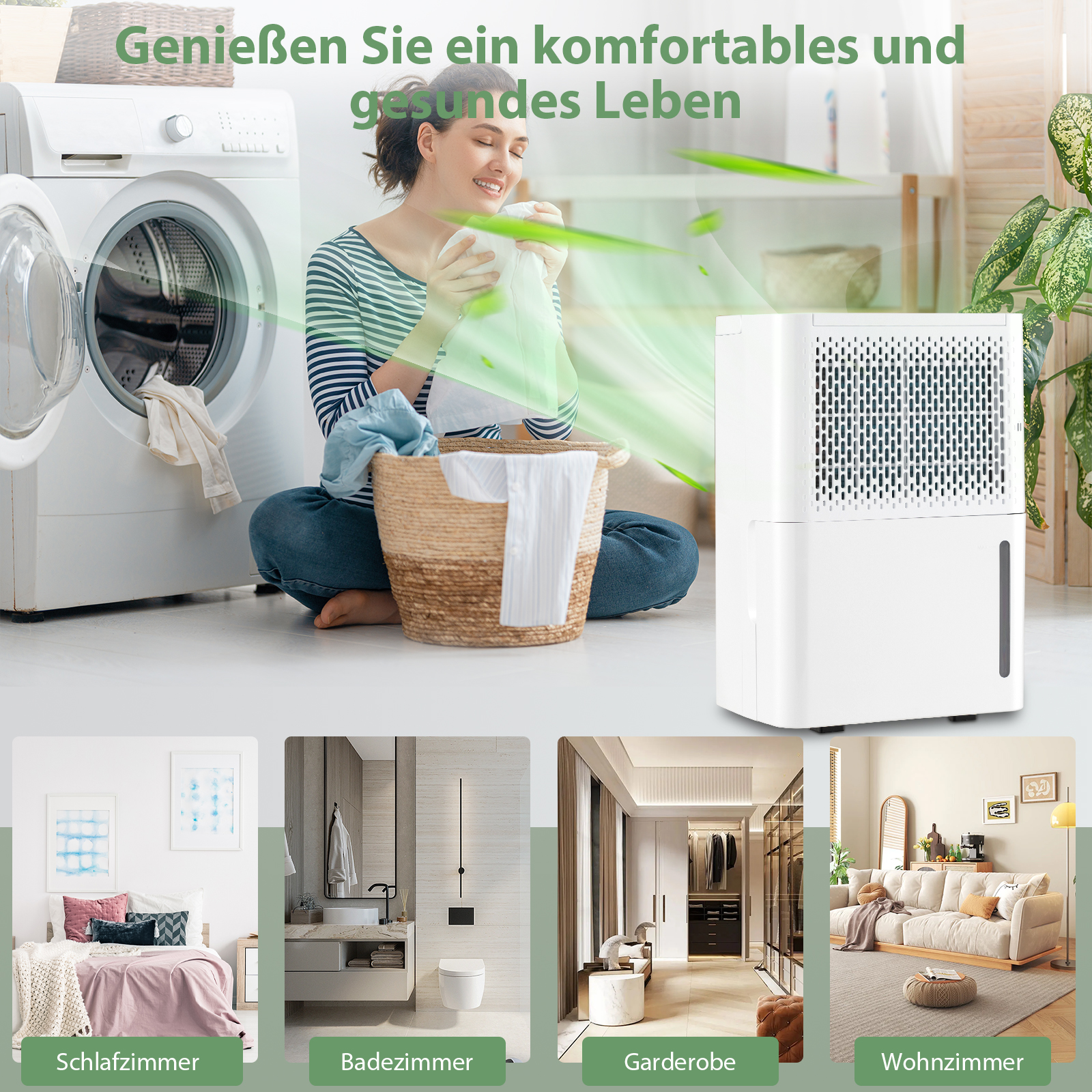 Frau mit gestreiftem Hemd mit Waschmaschine, Wäschekorb und Luftentfeuchter in einem Haus.