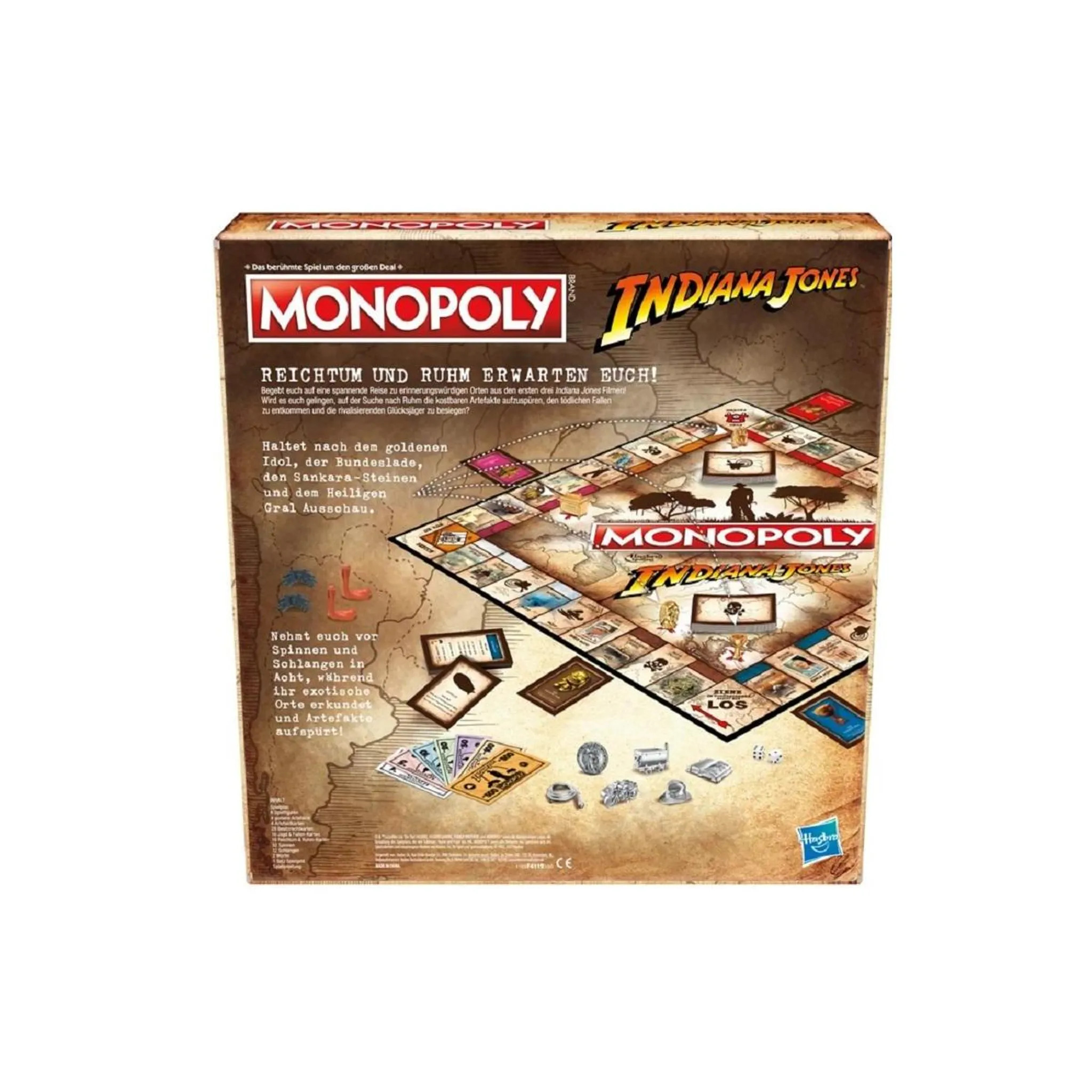 Die Monopoly Indiana Jones Brettspielbox. Das Spielbrett wird gezeigt.