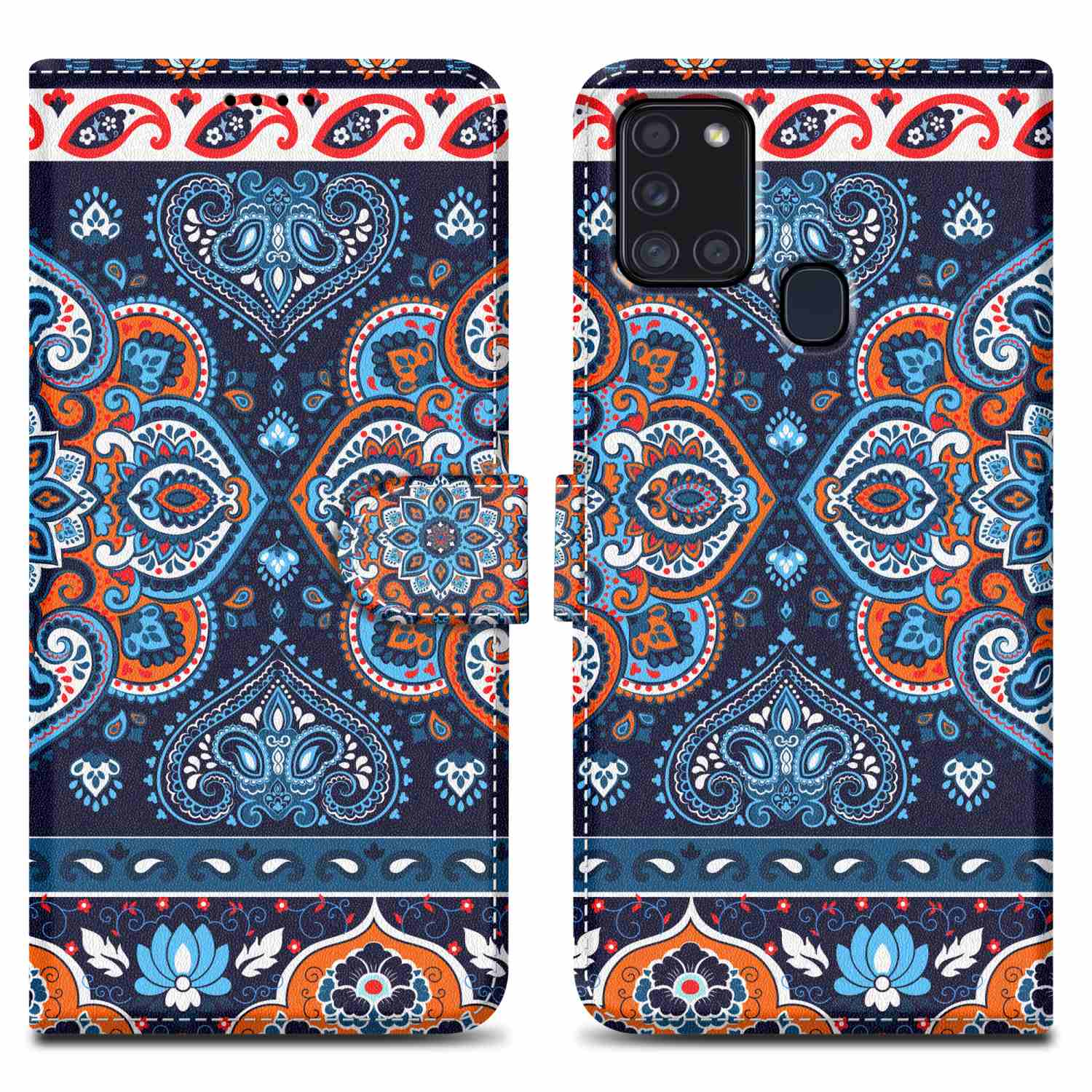 Eine Handyhülle mit blauem und orangefarbenem Blumenmuster, geöffnet mit einem Handy darin.