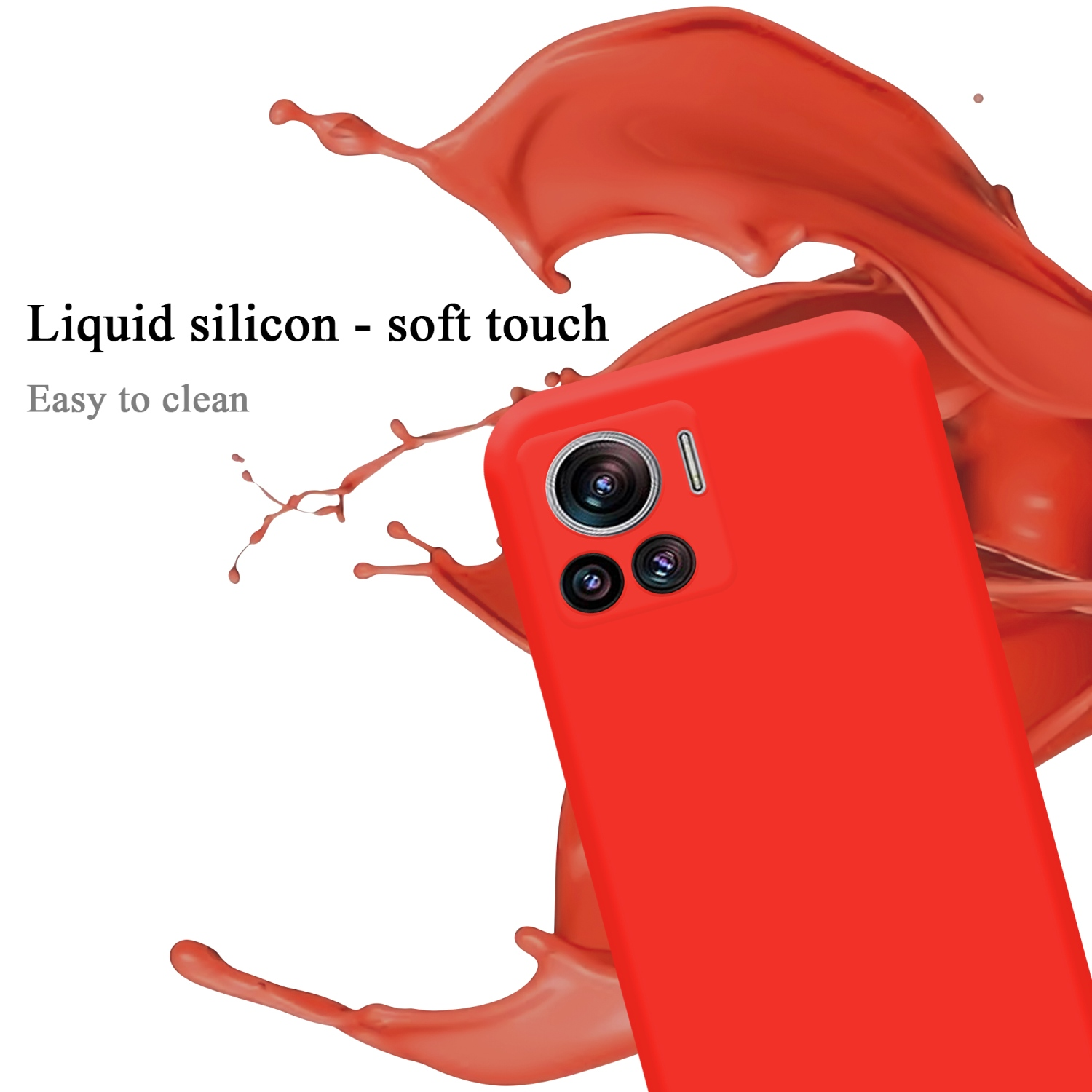 Una custodia per telefono rossa con un rigonfiamento della fotocamera, con testo che la descrive come facile da pulire.