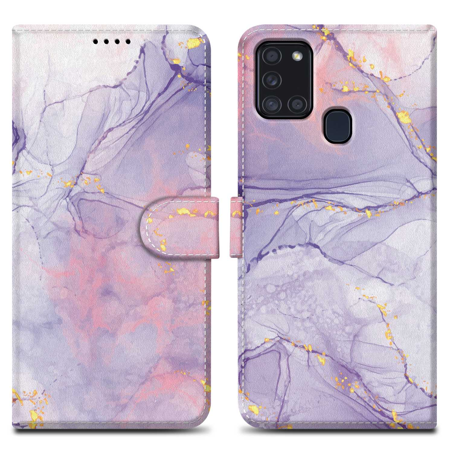 Eine rosa-lila Marmor-Handyhülle, geöffnet, mit einem Telefon darin.