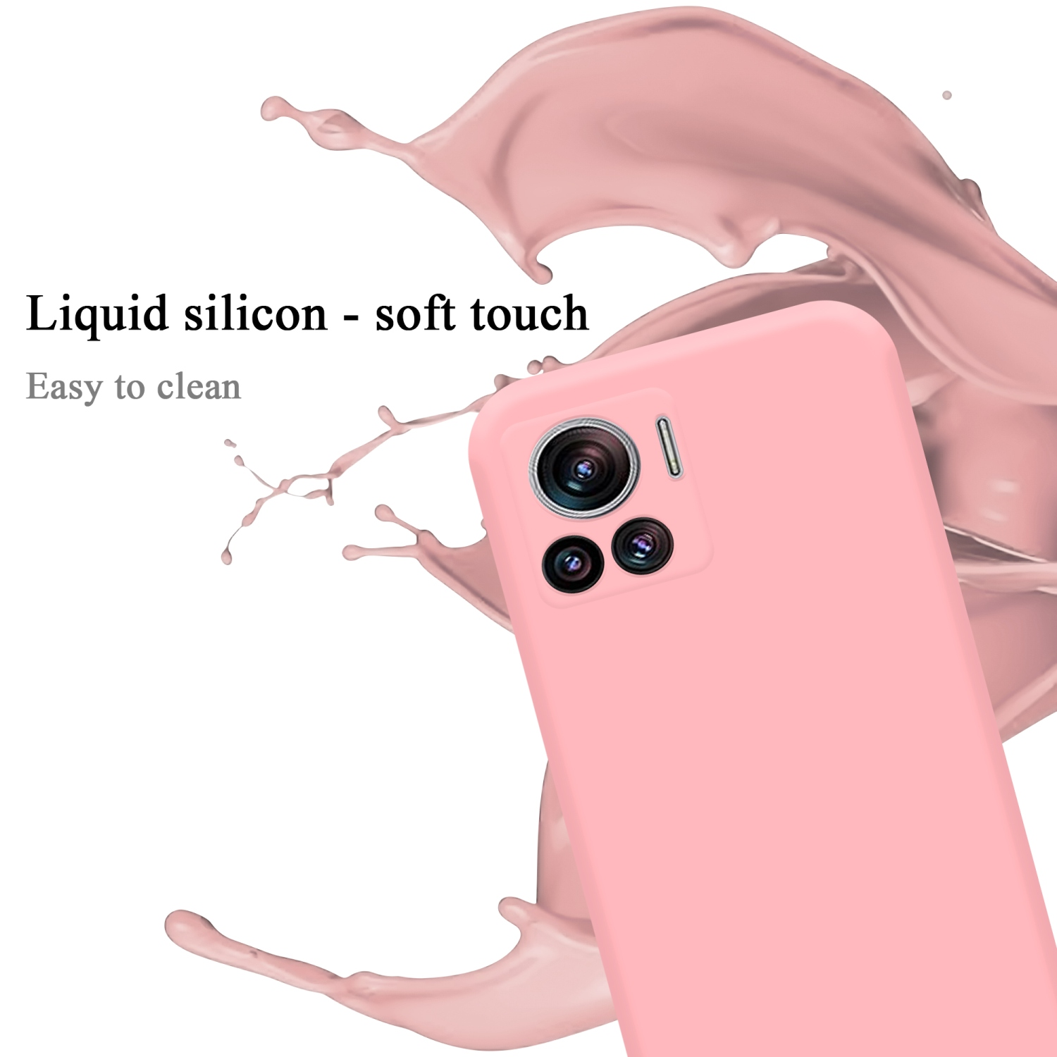 Una custodia rosa per telefono con tre obiettivi. Lo sfondo è uno spruzzo rosa. Silicone liquido - tocco morbido.