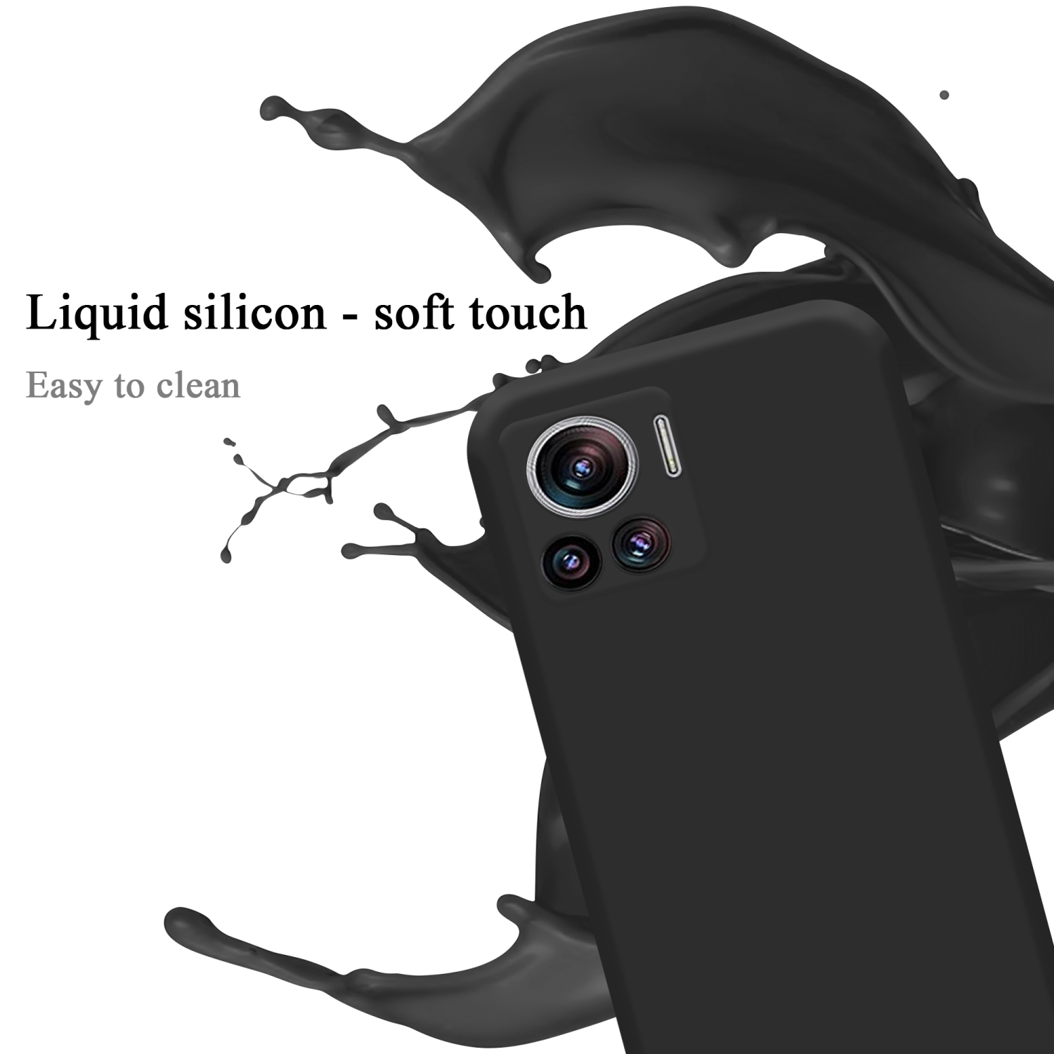 Telefono nero con fotocamera multi-lente, spruzzo nero. Testo: Silicio liquido.