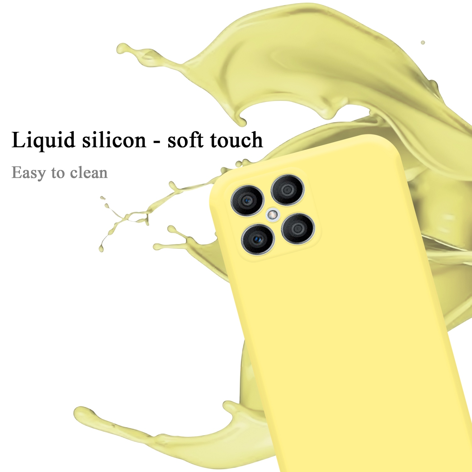 Gelbe Handyhülle mit Telefon darin und gelbem Spritzer auf weißem Hintergrund.