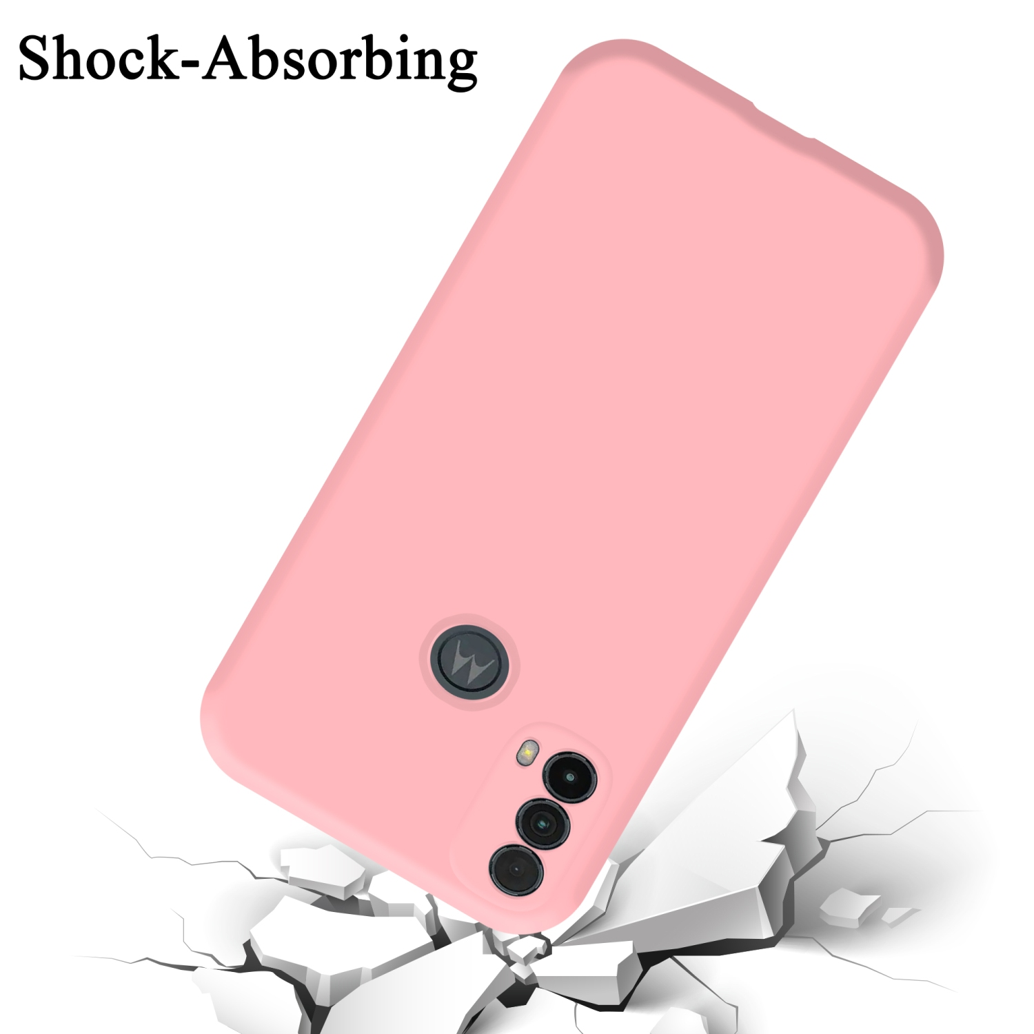 Custodia rosa per telefono che cade, testo Shock-Absorbing. Sotto superficie bianca crepata.