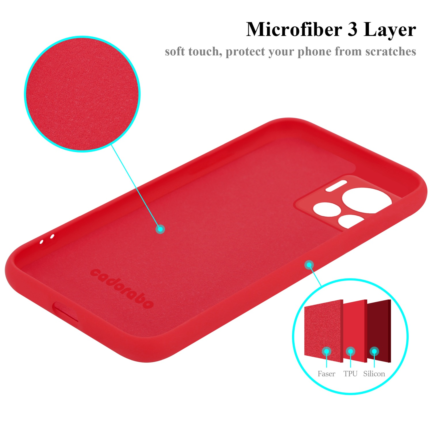 Custodia rossa per telefono con design a 3 strati in microfibra. Primo piano del materiale.
