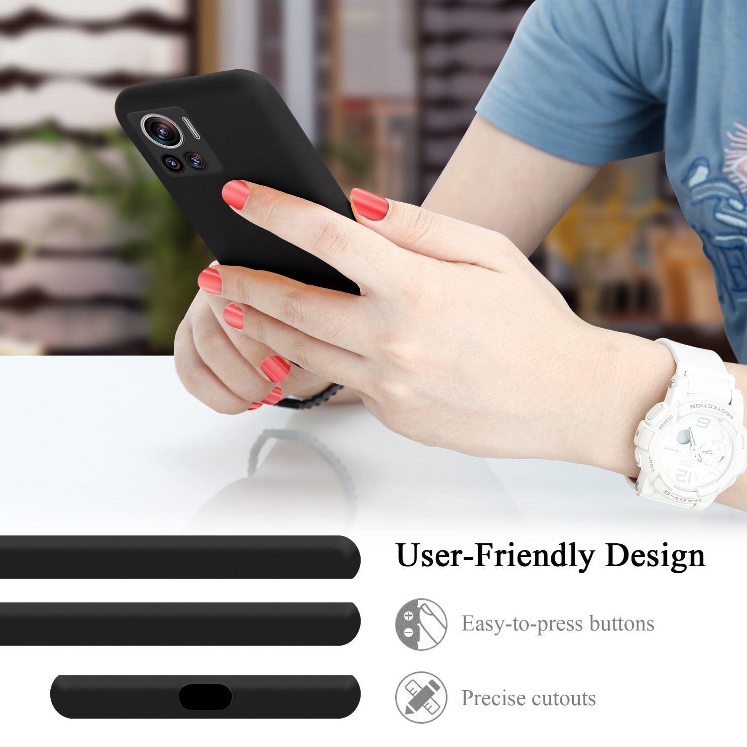 Le mani di una donna che tengono un telefono nero con icone di design user-friendly.