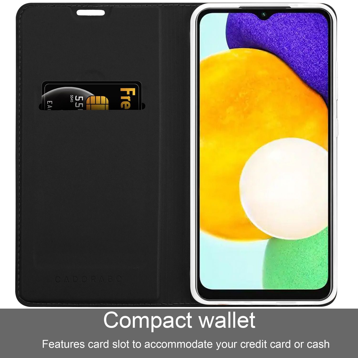 Custodia nera aperta, carta di credito visibile, schermo giallo/viola.