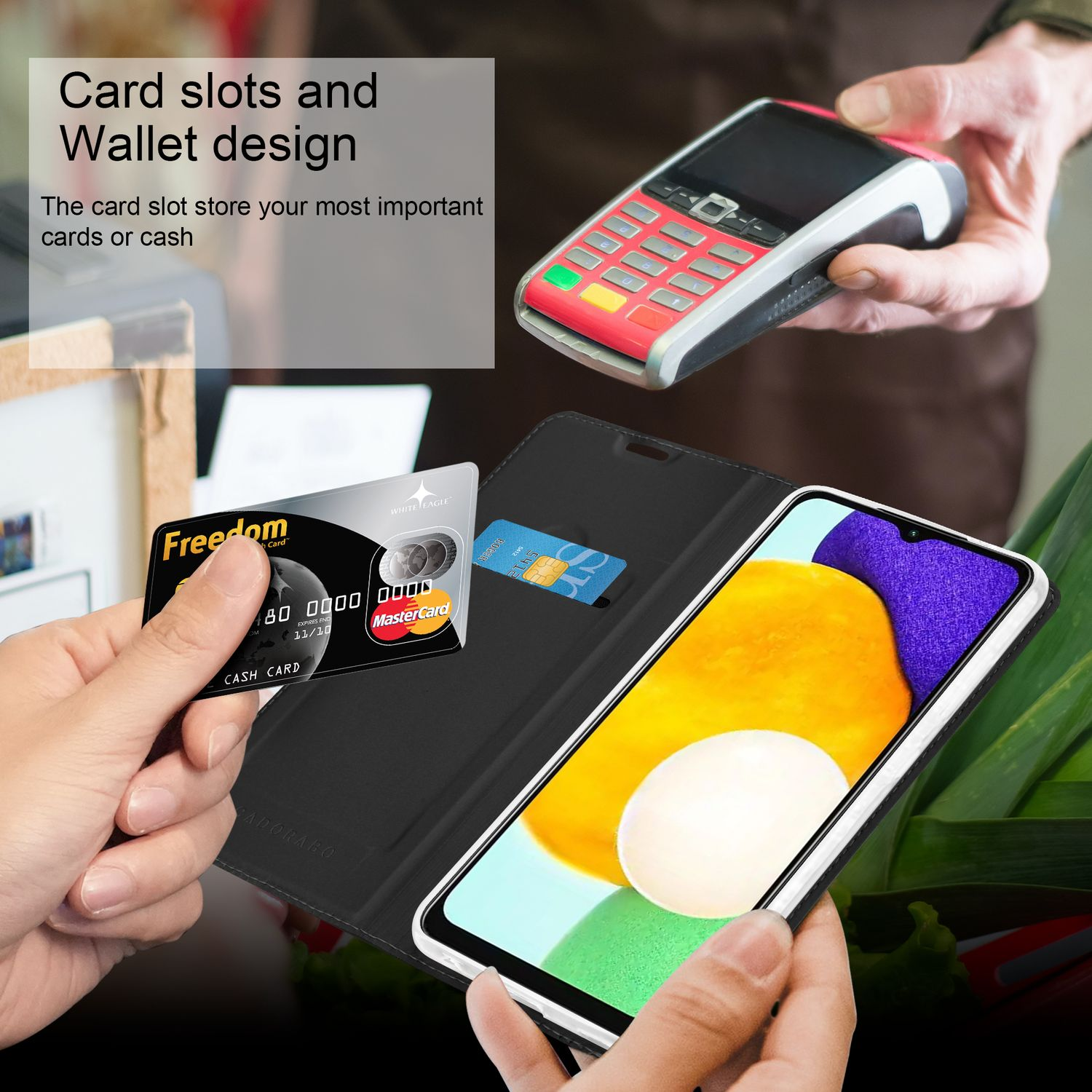 Custodia per telefono con scomparti per carte, carta di credito e lettore di carte.