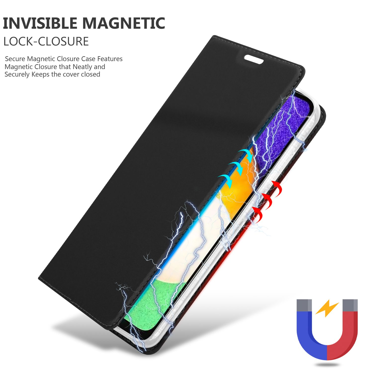 Custodia nera per telefono con chiusura magnetica, che mostra il telefono all'interno e l'effetto magnetico.