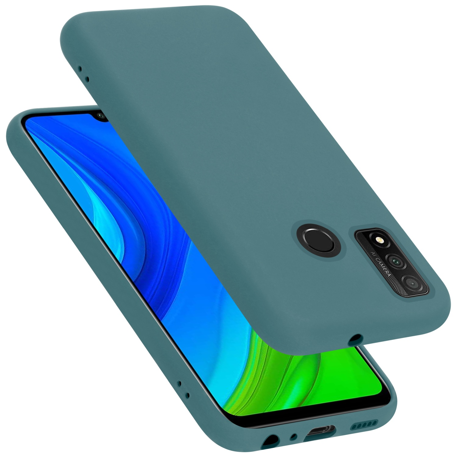 Eine tealfarbene Handyhülle und Telefon. Die Hülle ist offen.