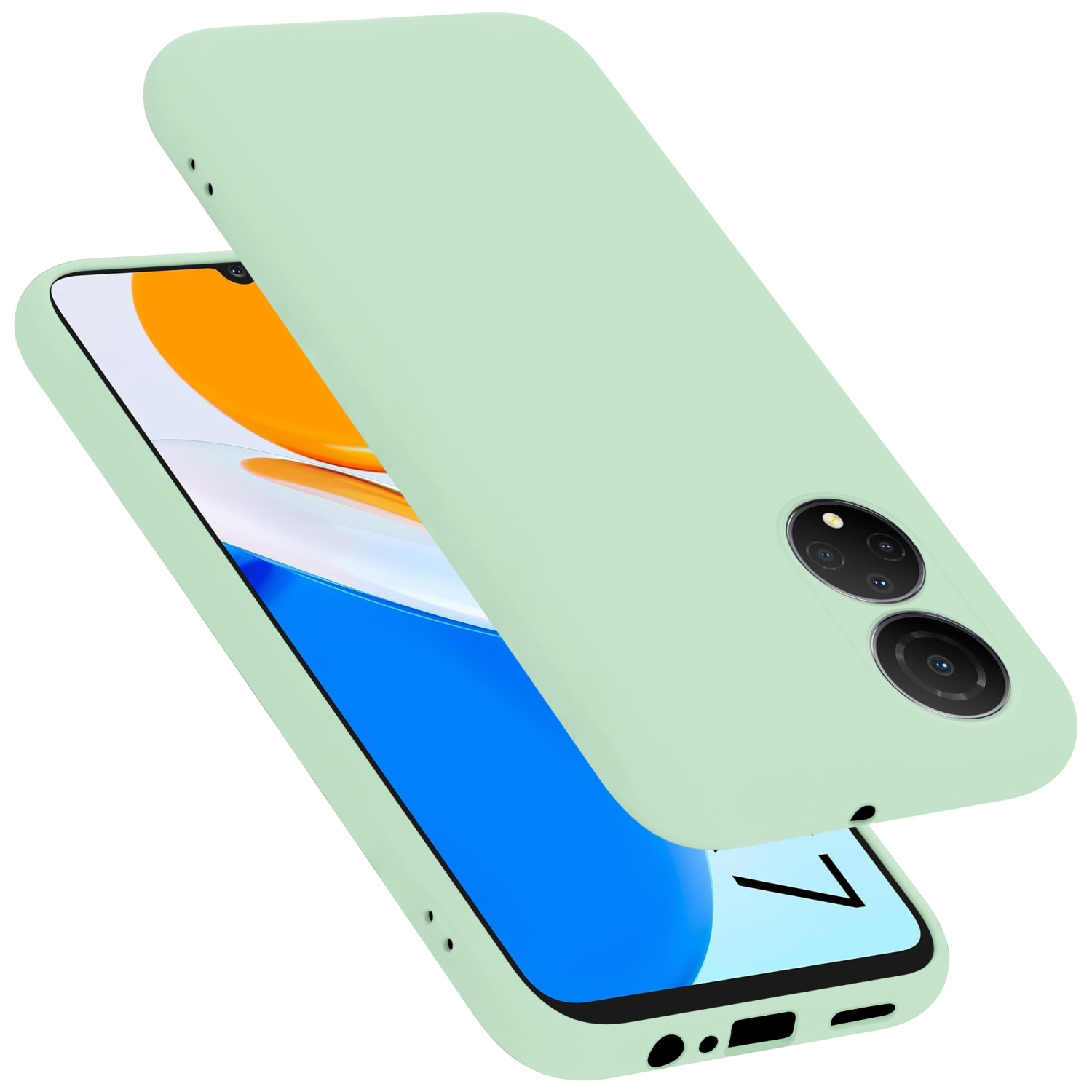 Minzgrüne Handyhülle und Telefon. Telefon hat Kamera-Array. Hülle liegt über dem Telefon.