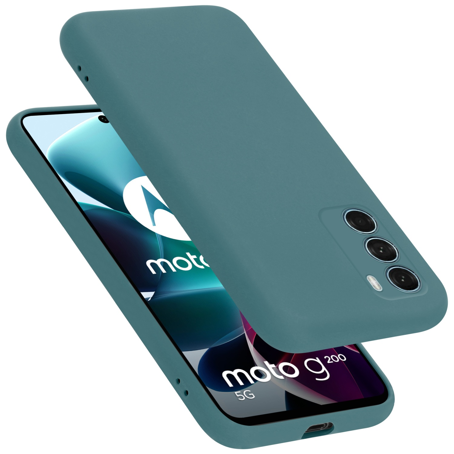 Türkisfarbene Handyhülle mit einem Telefon. Das Telefon ist schwarz mit Moto-Logo.
