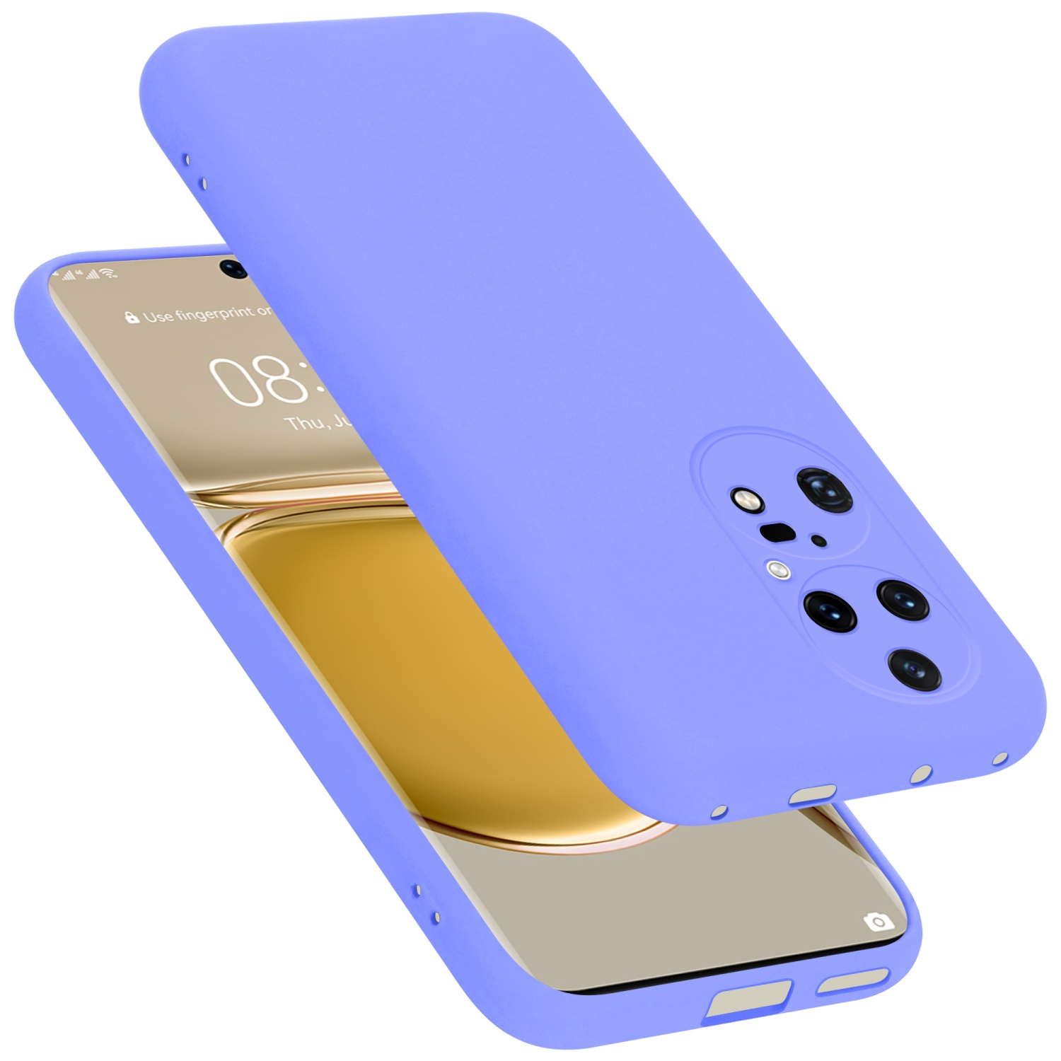 Eine hellviolette Handyhülle mit einem Telefon darin auf weißem Hintergrund.
