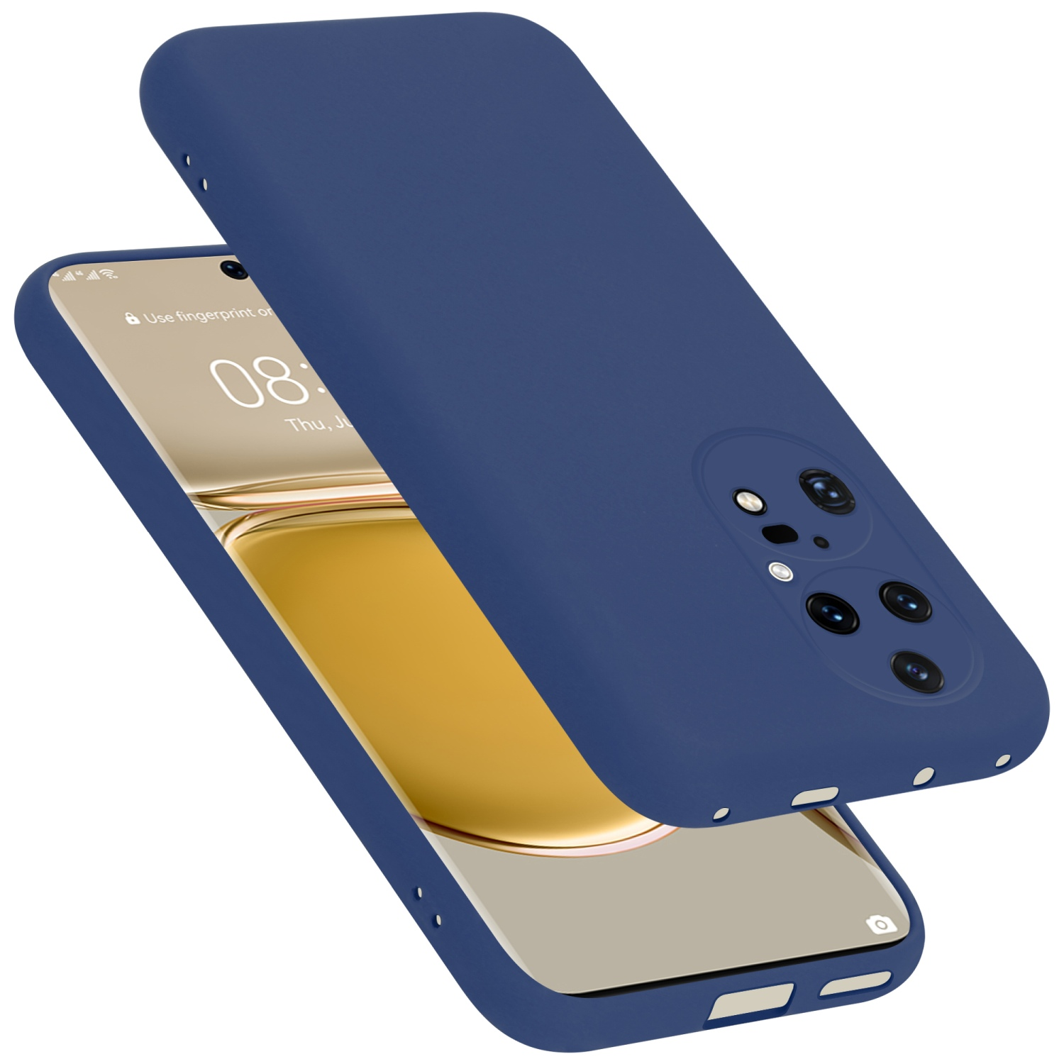 Blaue Handyhülle mit Handy. Das Telefon ist blau und hat eine Kamera.