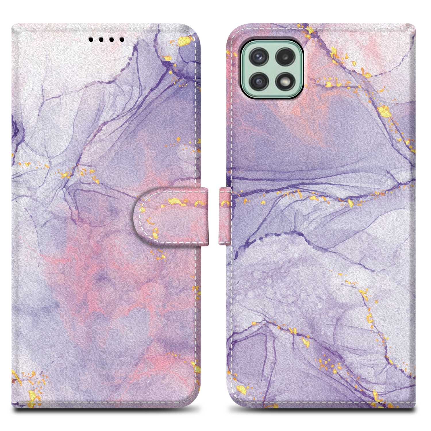 Geöffnete Handyhülle mit Handy. Lila und rosa Marmordesign.