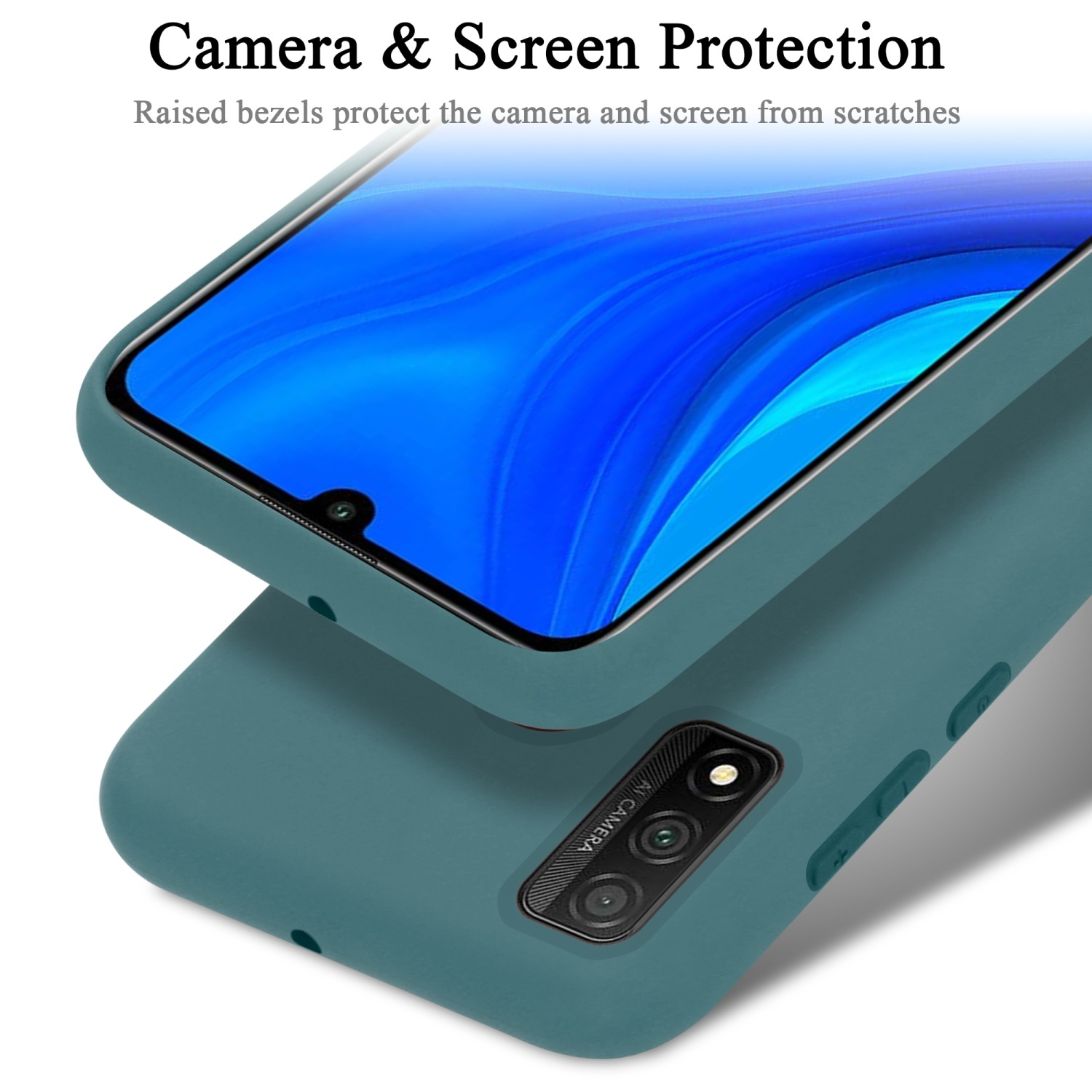Ein Telefon in einer tealfarbenen Schutzhülle. Die Hülle wird über einer anderen Hülle platziert. Der Bildschirm ist blau.