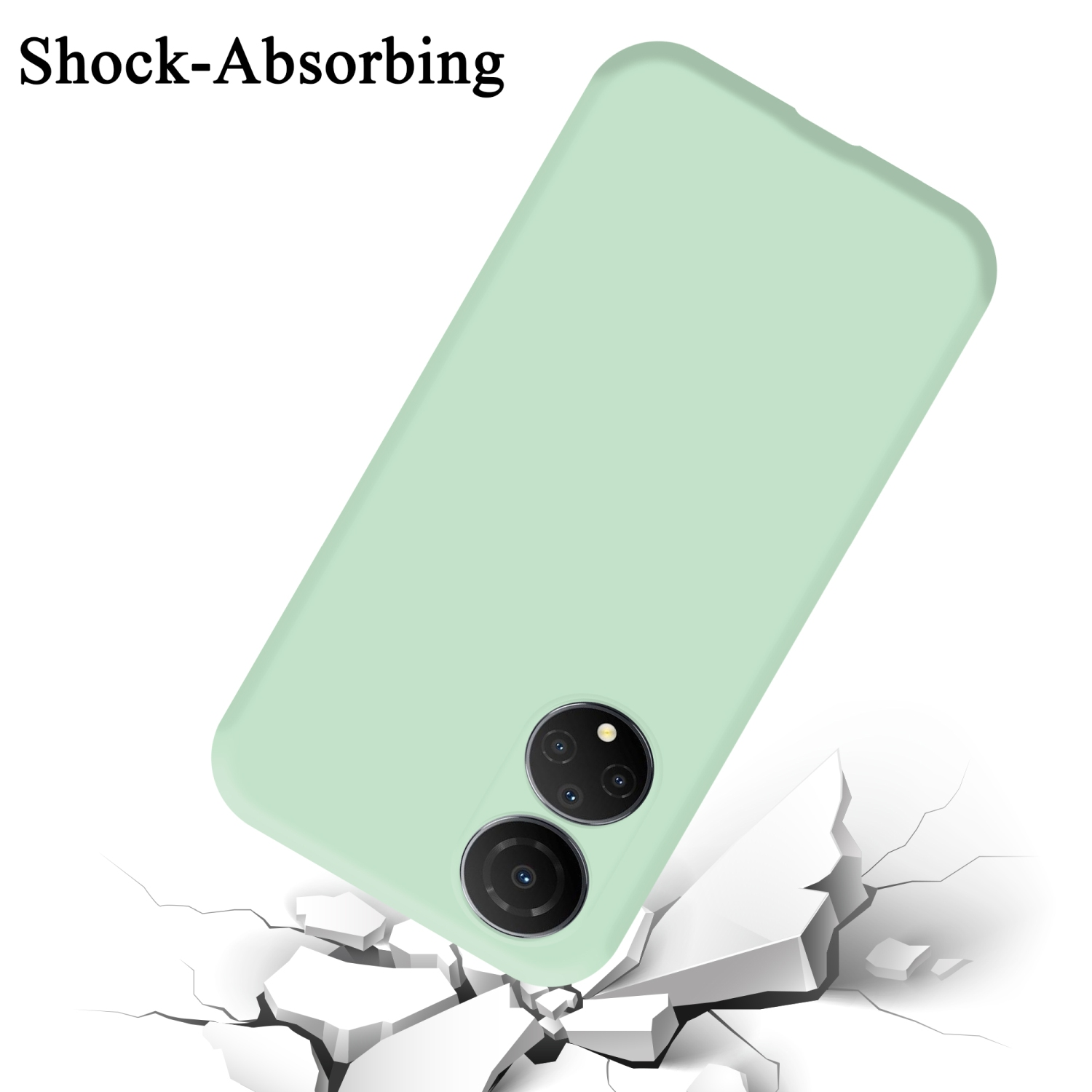 Grüne Handyhülle auf zerbrochener Oberfläche, Text: "Shock-Absorbing" darüber.