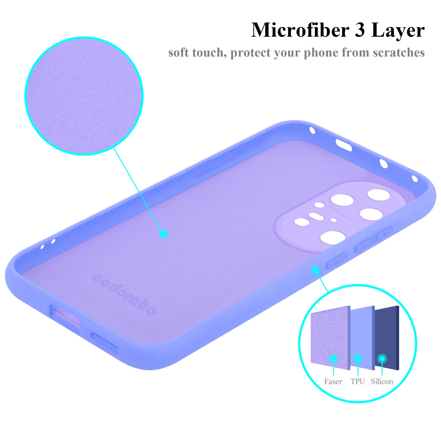 Lila Handyhülle mit Diagrammen, die Schichten aus Faser, TPU und Silikon zeigen. Text: Microfiber 3 Layer.