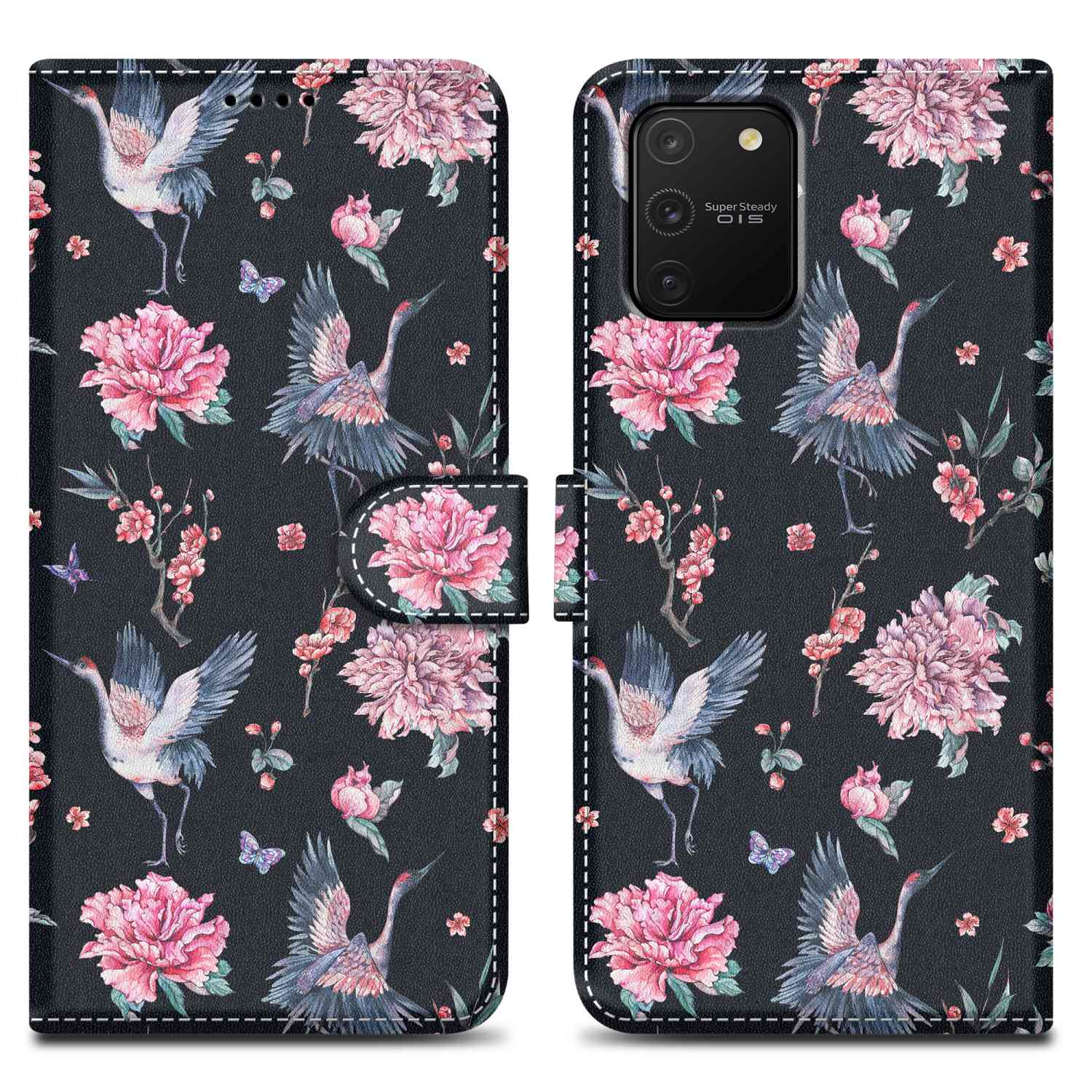 Una custodia per telefono aperta con design floreale e gru su sfondo nero.