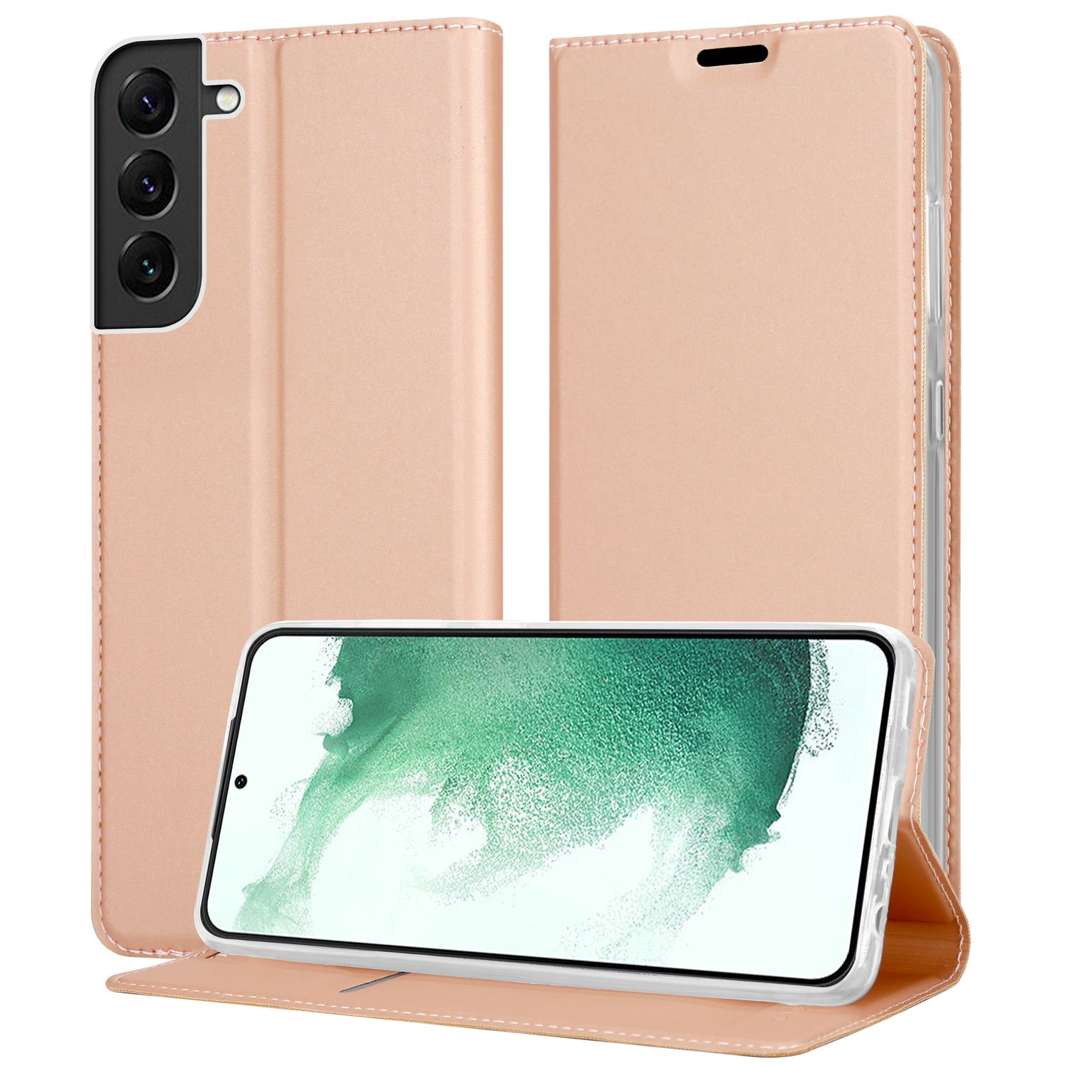 Una custodia per telefono rosa, che mostra un telefono all'interno. La custodia è aperta, mostrando lo schermo del telefono.