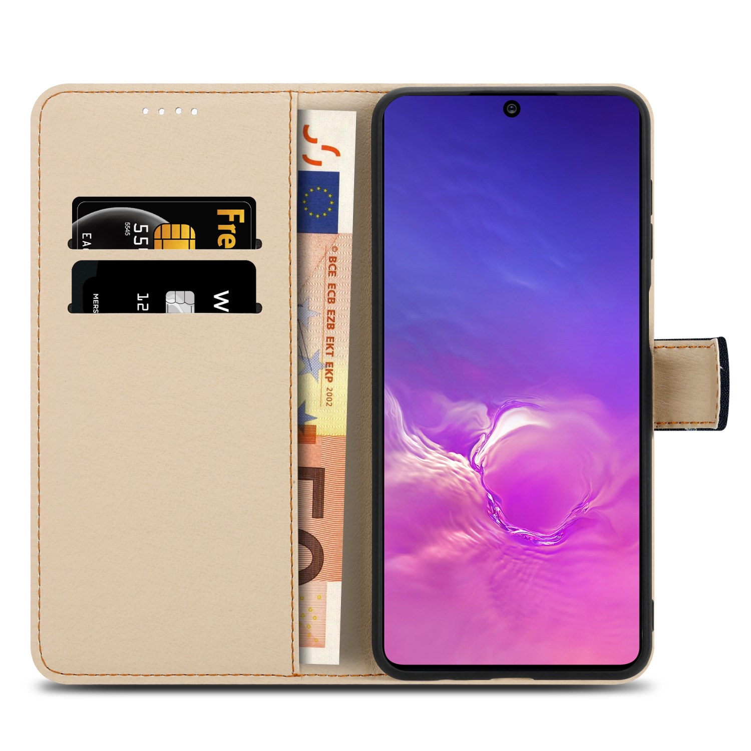 Custodia beige per telefono aperta con denaro e carte.