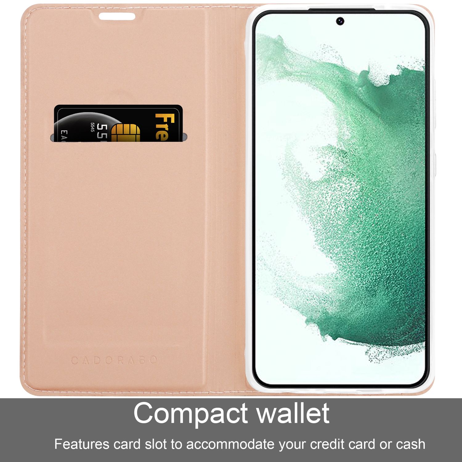 Custodia rosa aperta con carta e telefono. Testo: Portafoglio compatto, slot per schede.