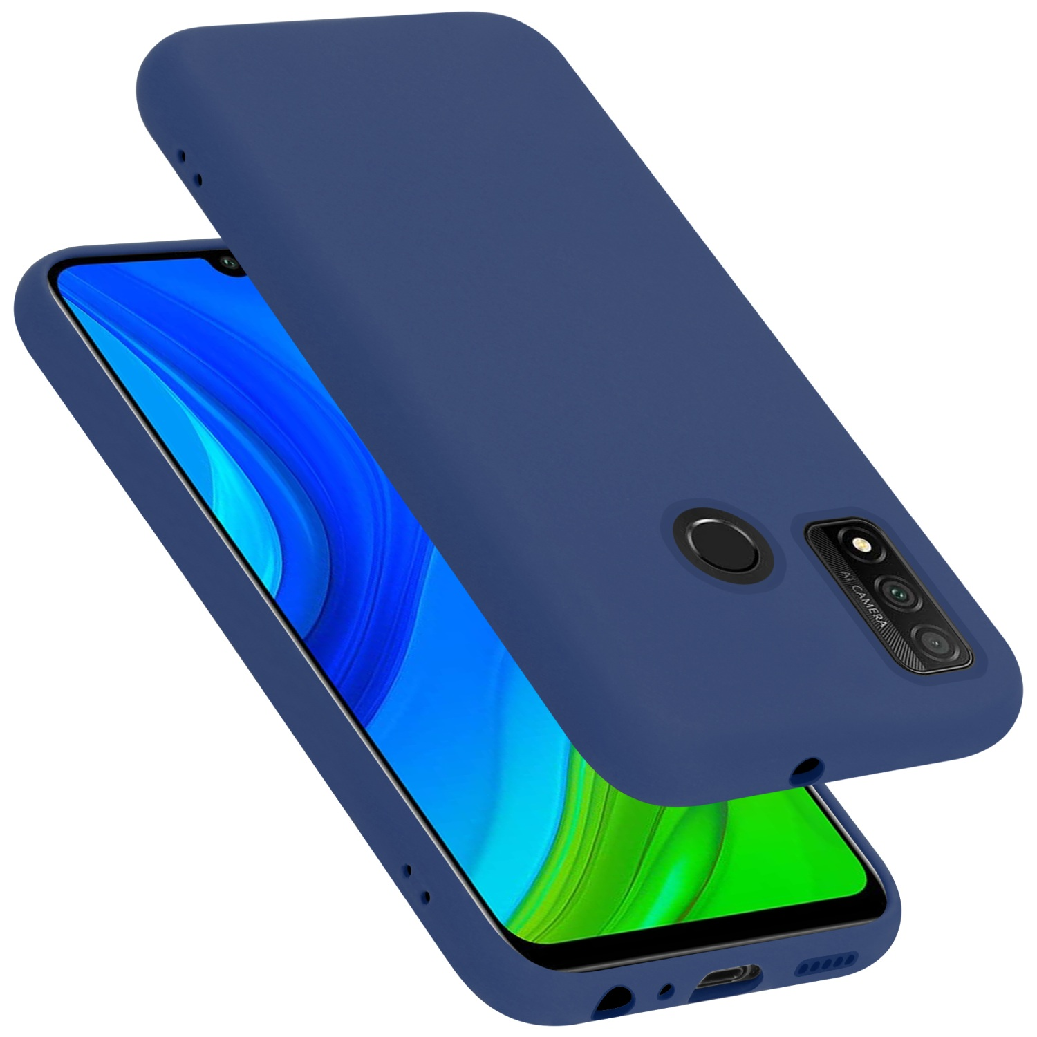 Blaue Handyhülle mit Handy. Das Telefon ist blau und hat eine Kamera.