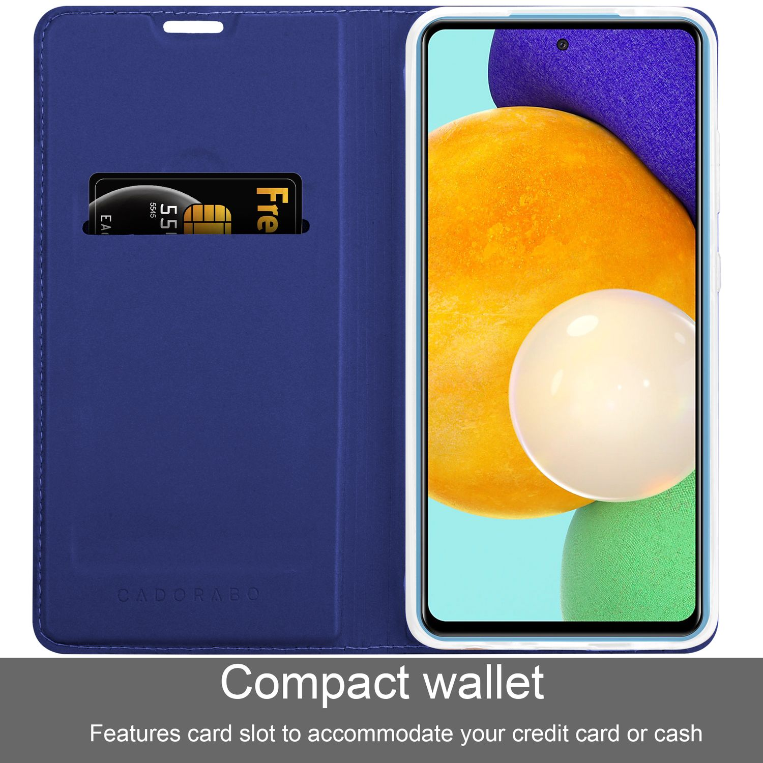 Custodia a portafoglio blu per telefono, aperta con telefono e carte. Slot per carte di credito.