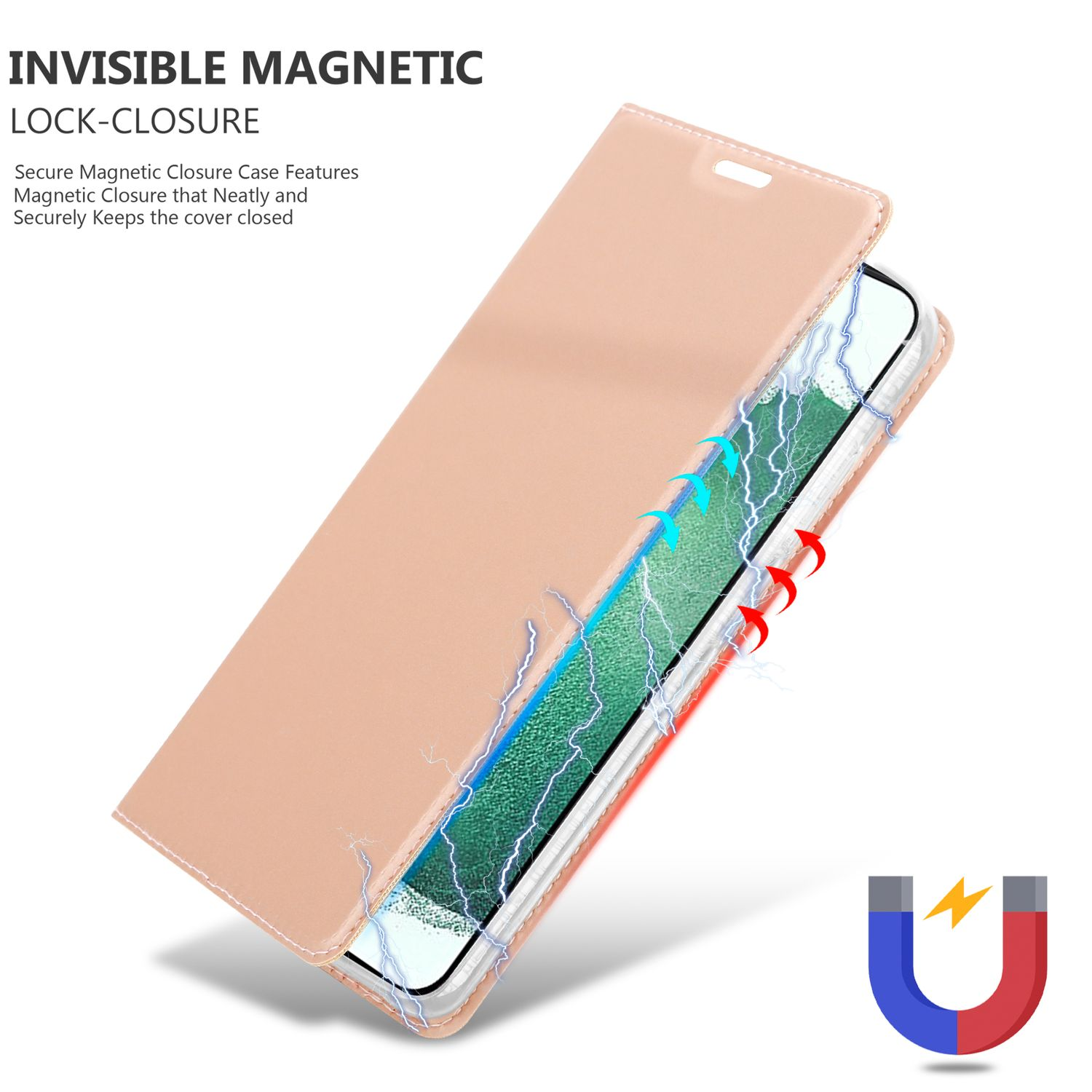 Custodia per telefono rosa, aperta, che mostra lo schermo del telefono. Sono presenti fulmini e un'icona a magnete.