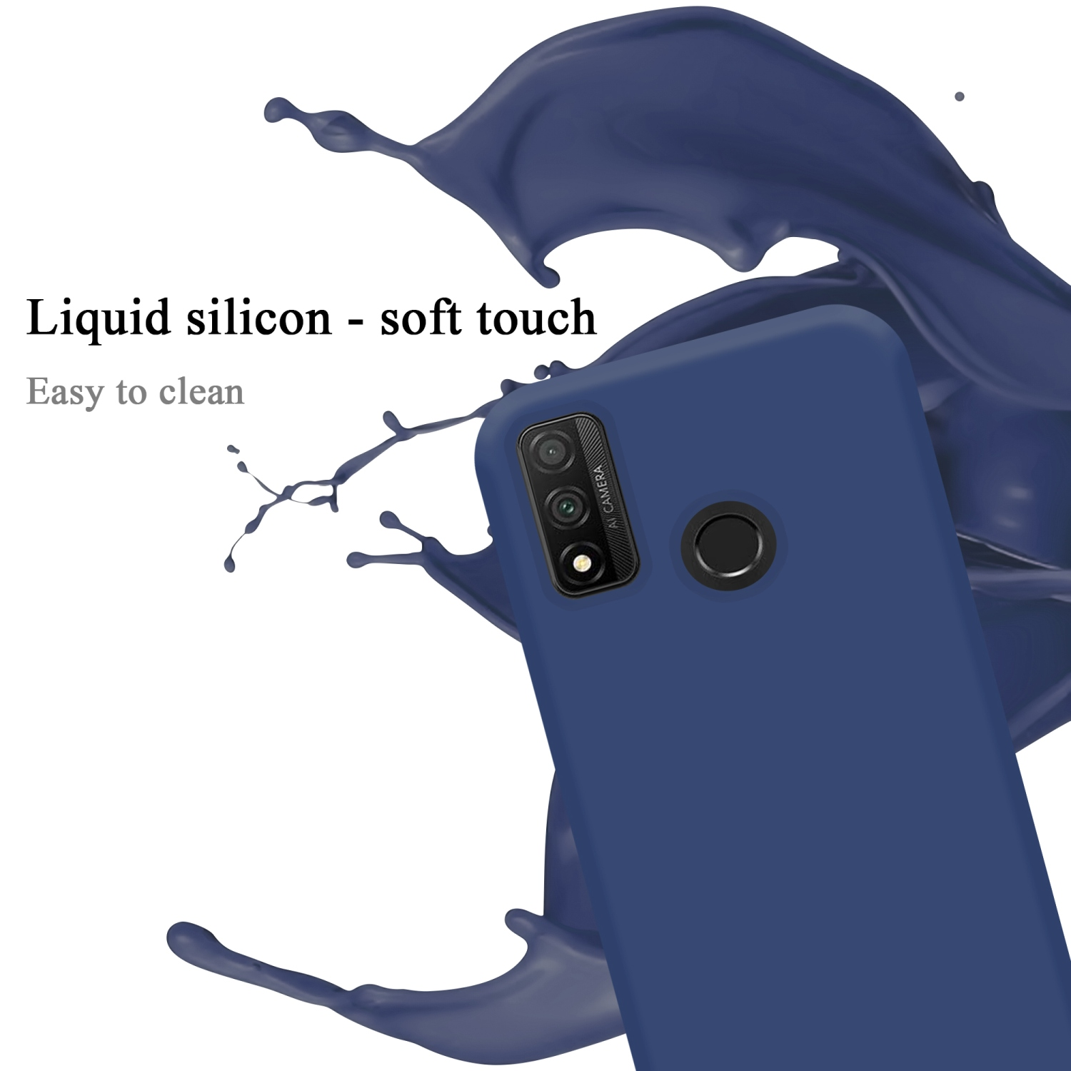 Eine blaue Handyhülle mit Kamera, die Flüssigkeitsspritzer zeigt.
