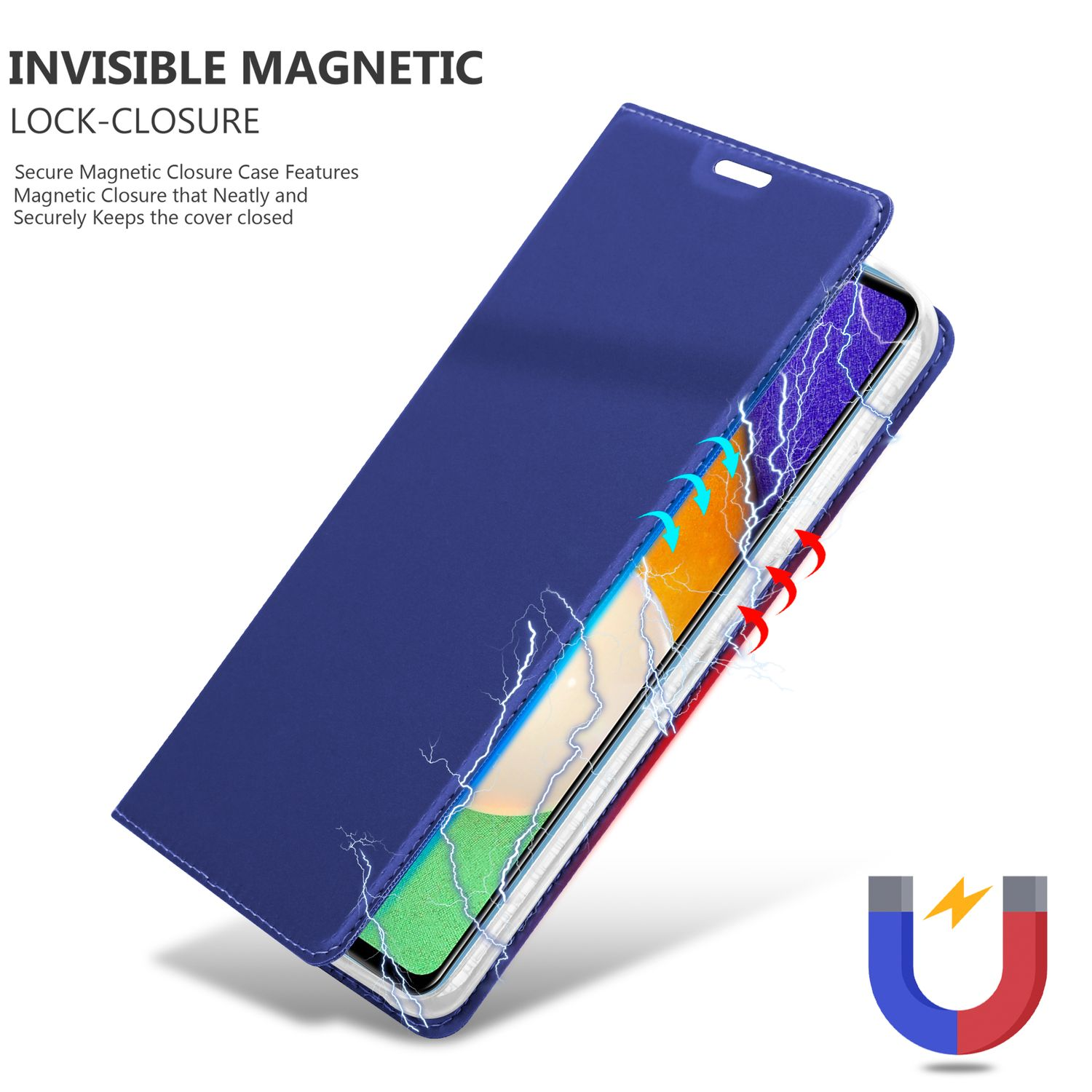 Custodia blu per telefono con un telefono all'interno. Sono visibili fulmini e un simbolo del magnete.