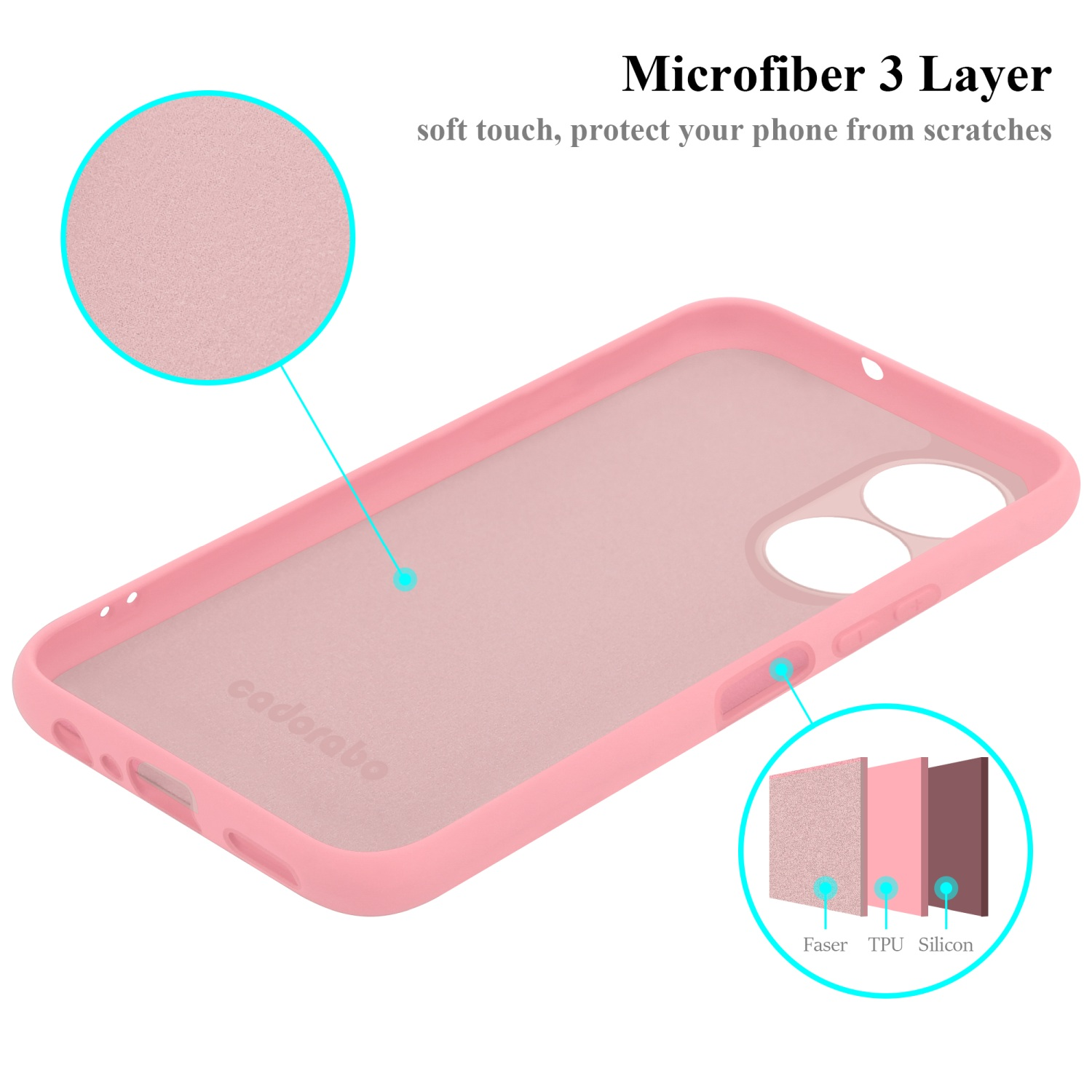 Eine pinke Handyhülle, die eine Mikrofaser-Schicht und ein Handy mit Displayschutzfolie zeigt.