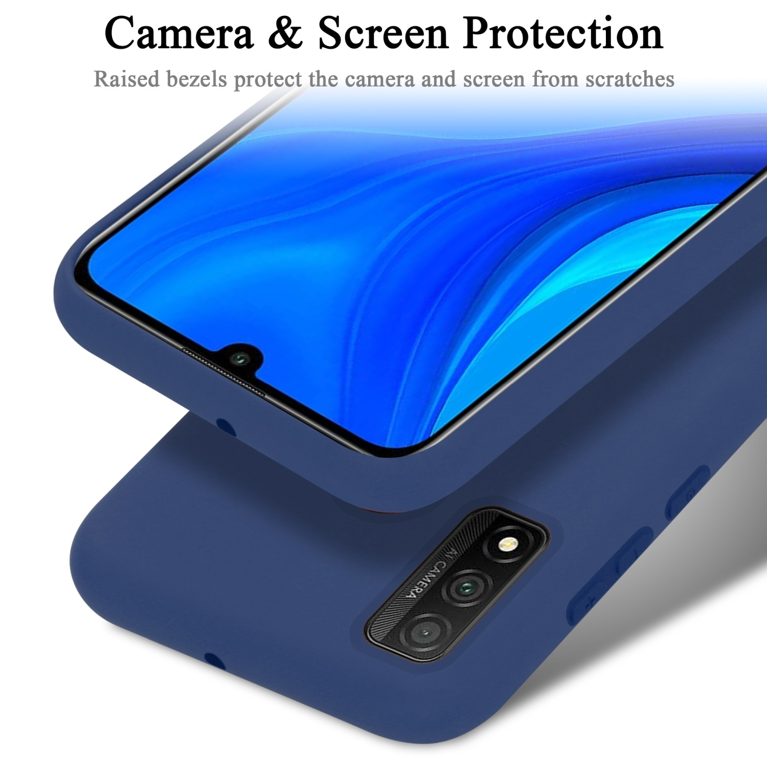 Marineblaues Handyhülle mit Telefon- und Kameradetails. Text: Kamera- und Bildschirmschutz.