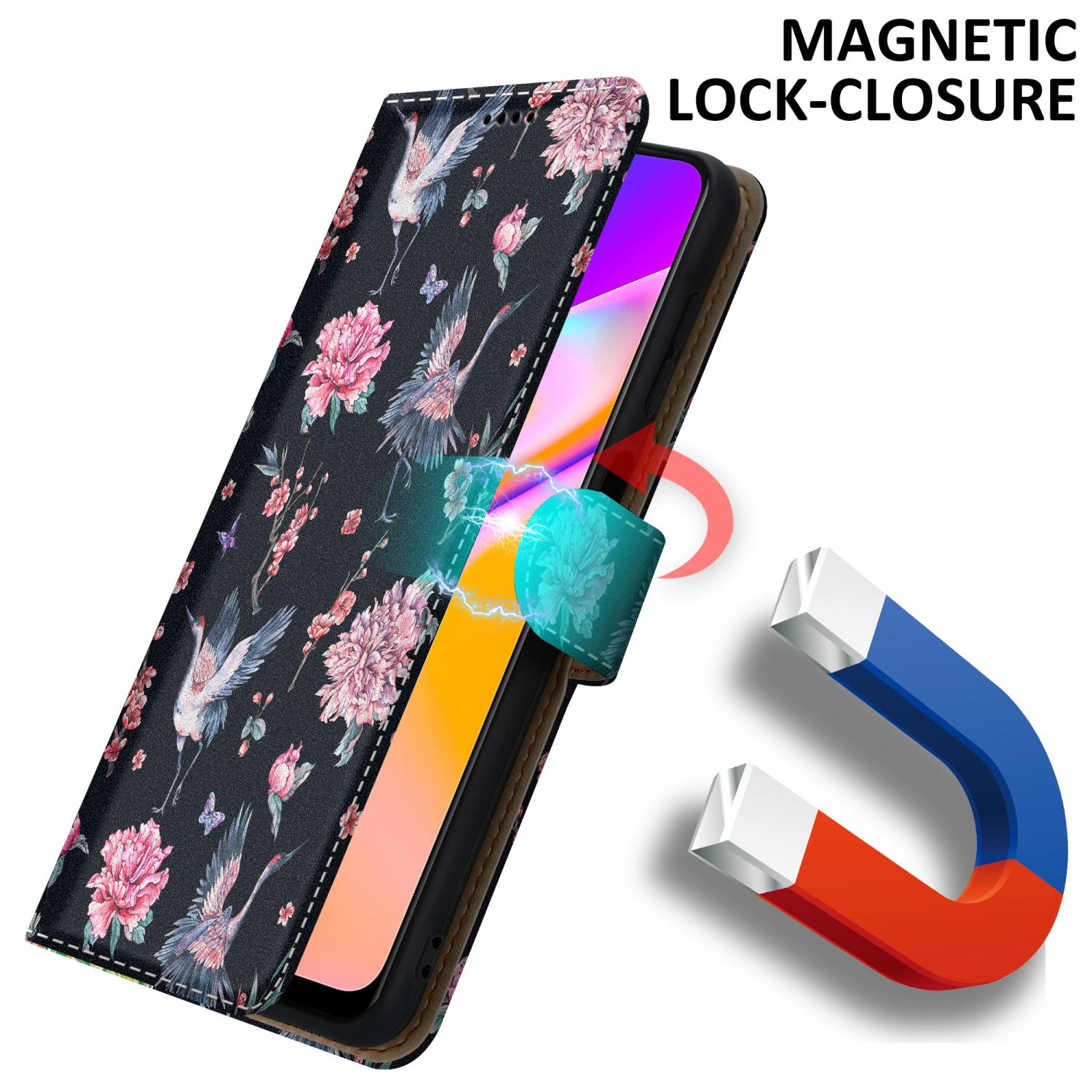 Custodia floreale per telefono, aperta per rivelare il telefono. Chiusura magnetica con magnete.