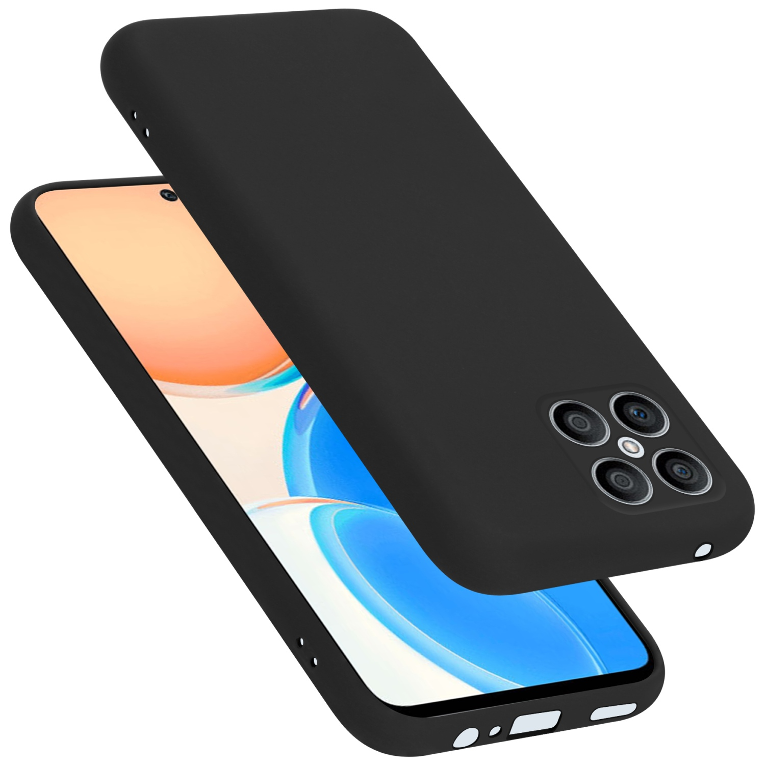 Schwarze Handyhülle und Telefon. Telefon hat Kamera-Array. Hülle liegt über dem Telefon.