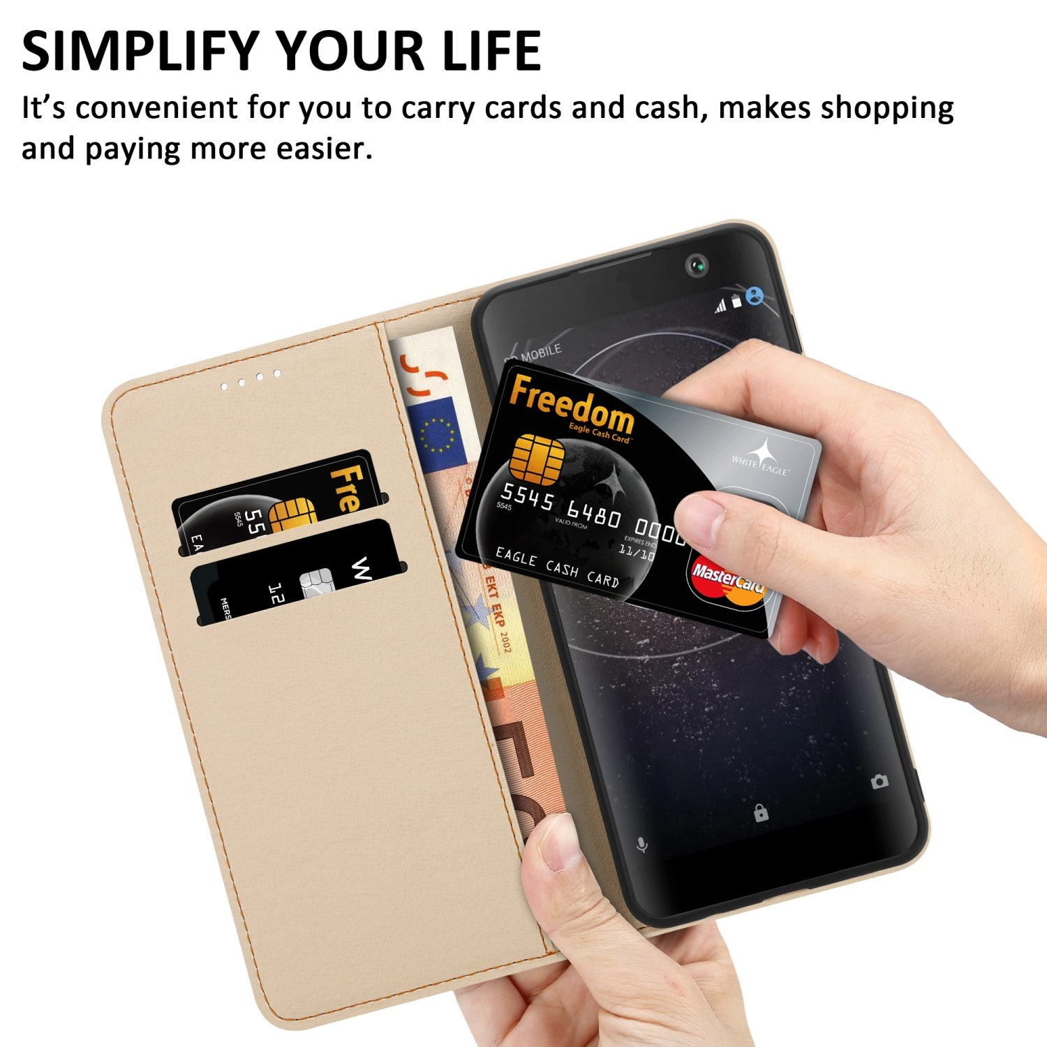 Custodia per telefono con portacarte, un telefono con carta di credito e alcune banconote in euro.