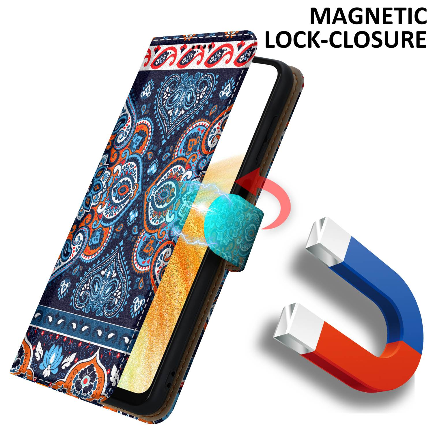 Custodia per telefono con motivo colorato, con chiusura magnetica e calamita visibile.