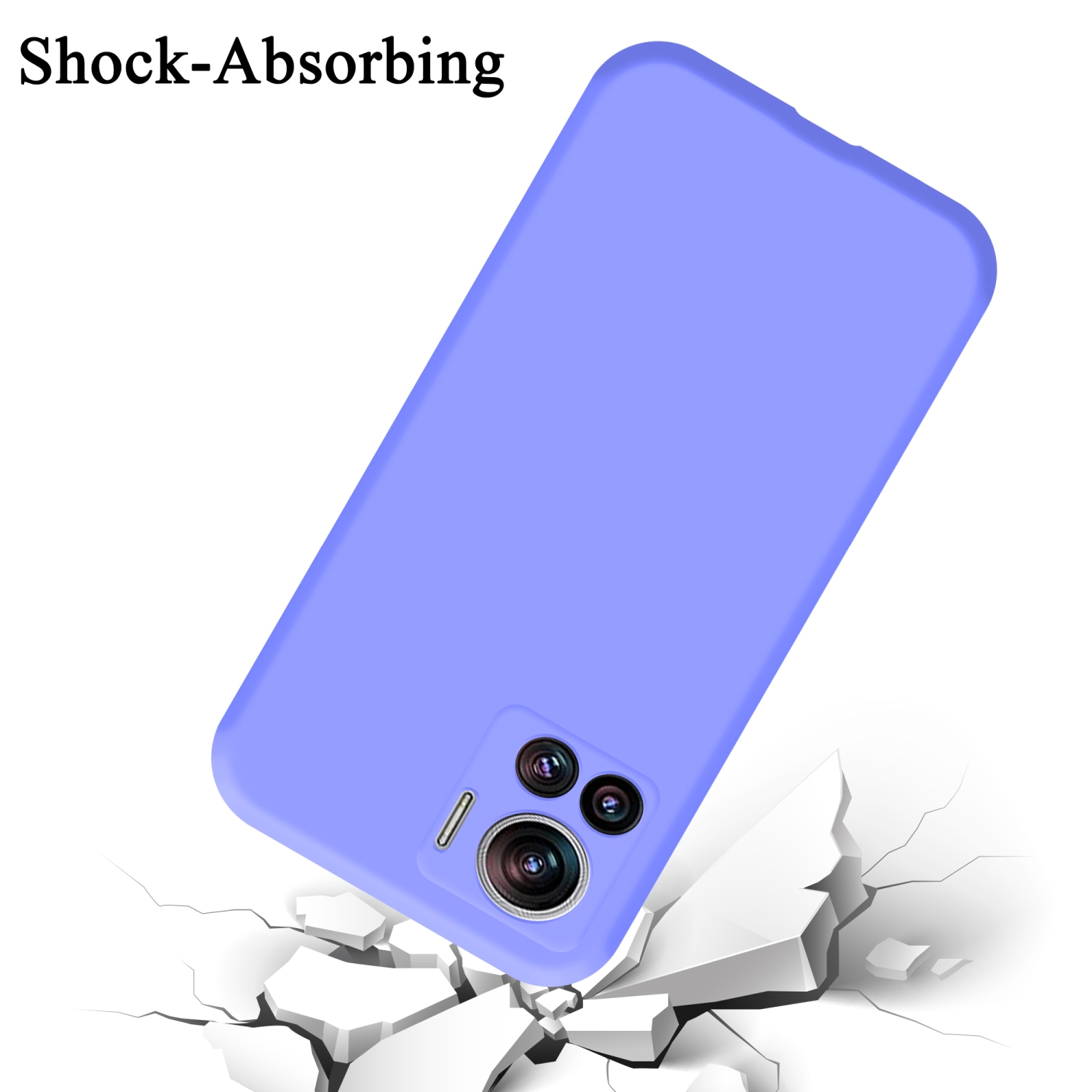Una custodia per telefono viola con un terreno crepato. La frase 'Shock-Absorbing' è in alto.