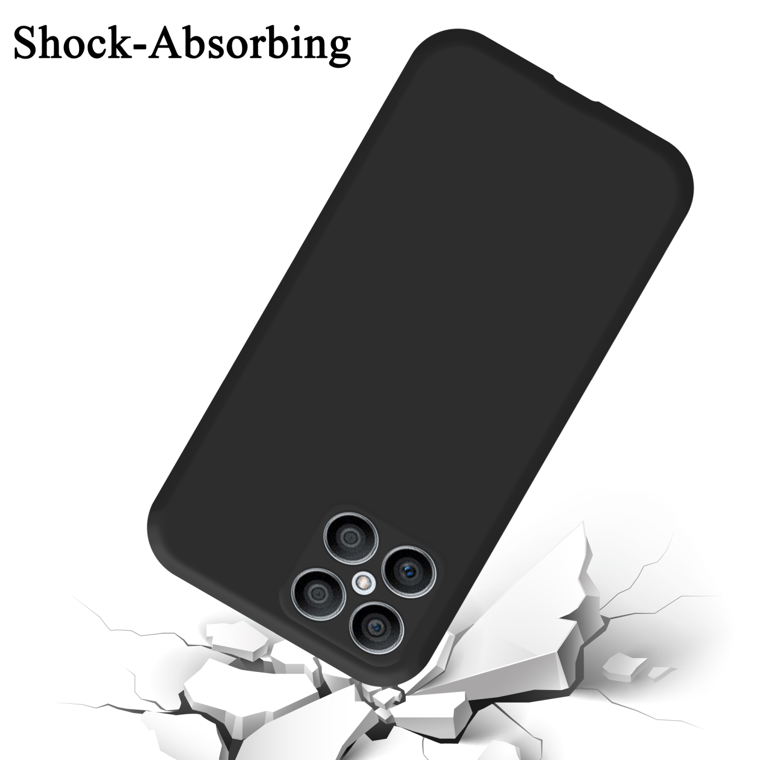 Schwarze Handyhülle mit Telefon darin, auf weißer, gerissener Oberfläche.