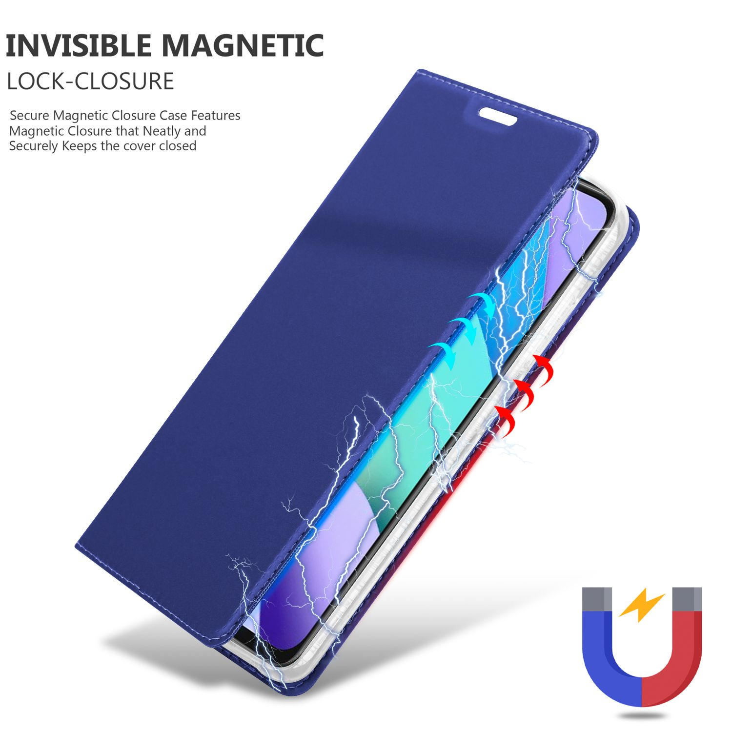 Custodia blu con chiusura magnetica. Telefono dentro. Segno del magnete a destra.