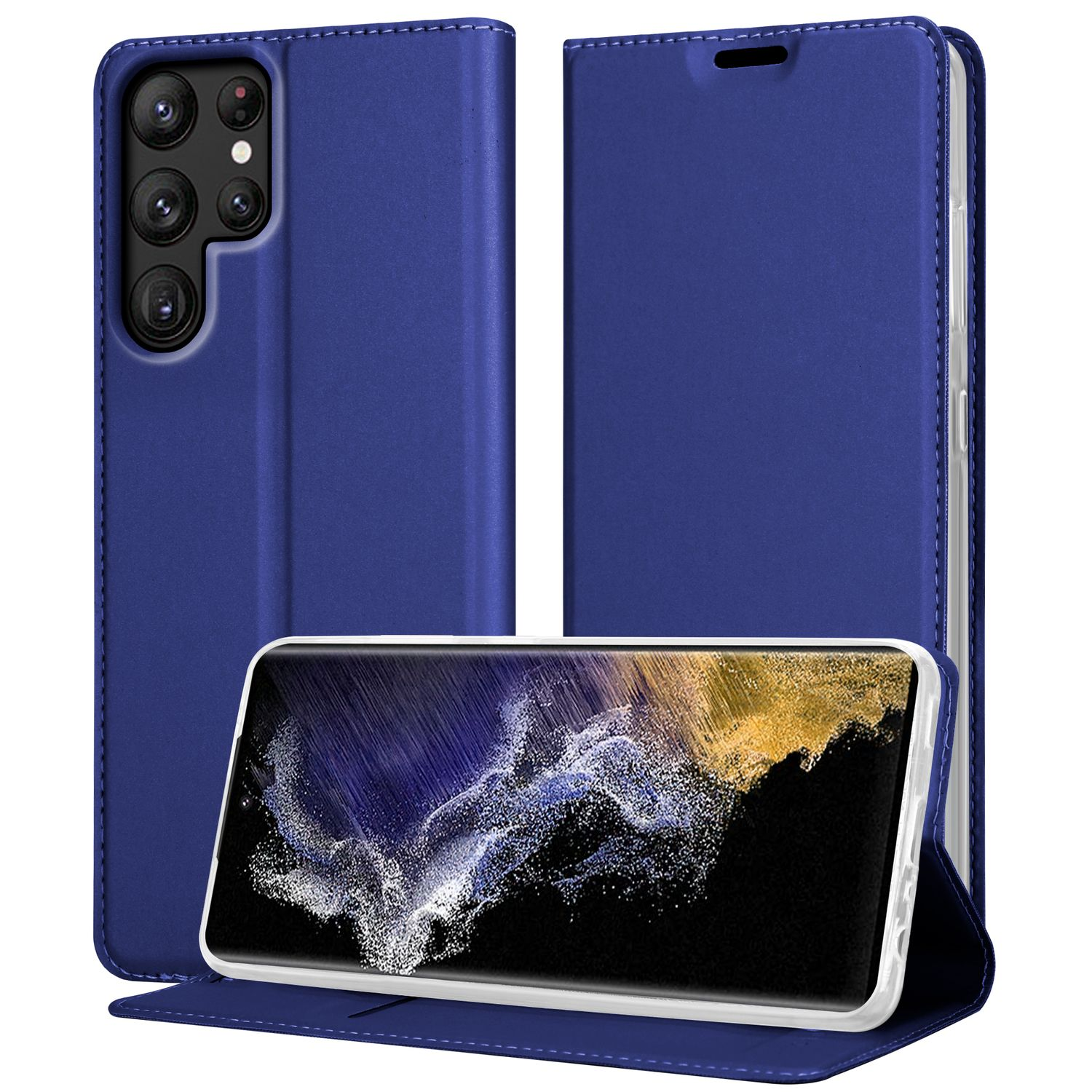 Blaue Handyhülle mit Telefon darin, das seinen Bildschirm zeigt, und zwei weitere Teile der Hülle.