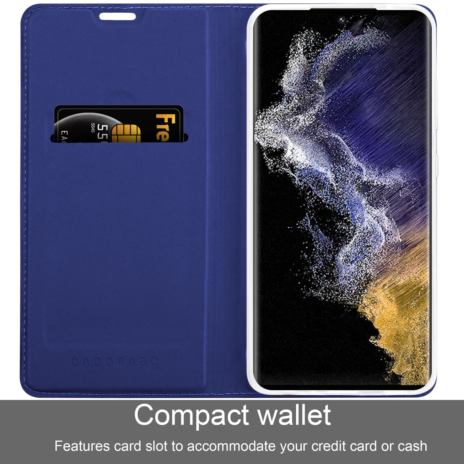 Eine blaue Handy-Geldbörse mit einer Karte. Die Geldbörse ist geöffnet, mit einem Telefon und Kartenfach.