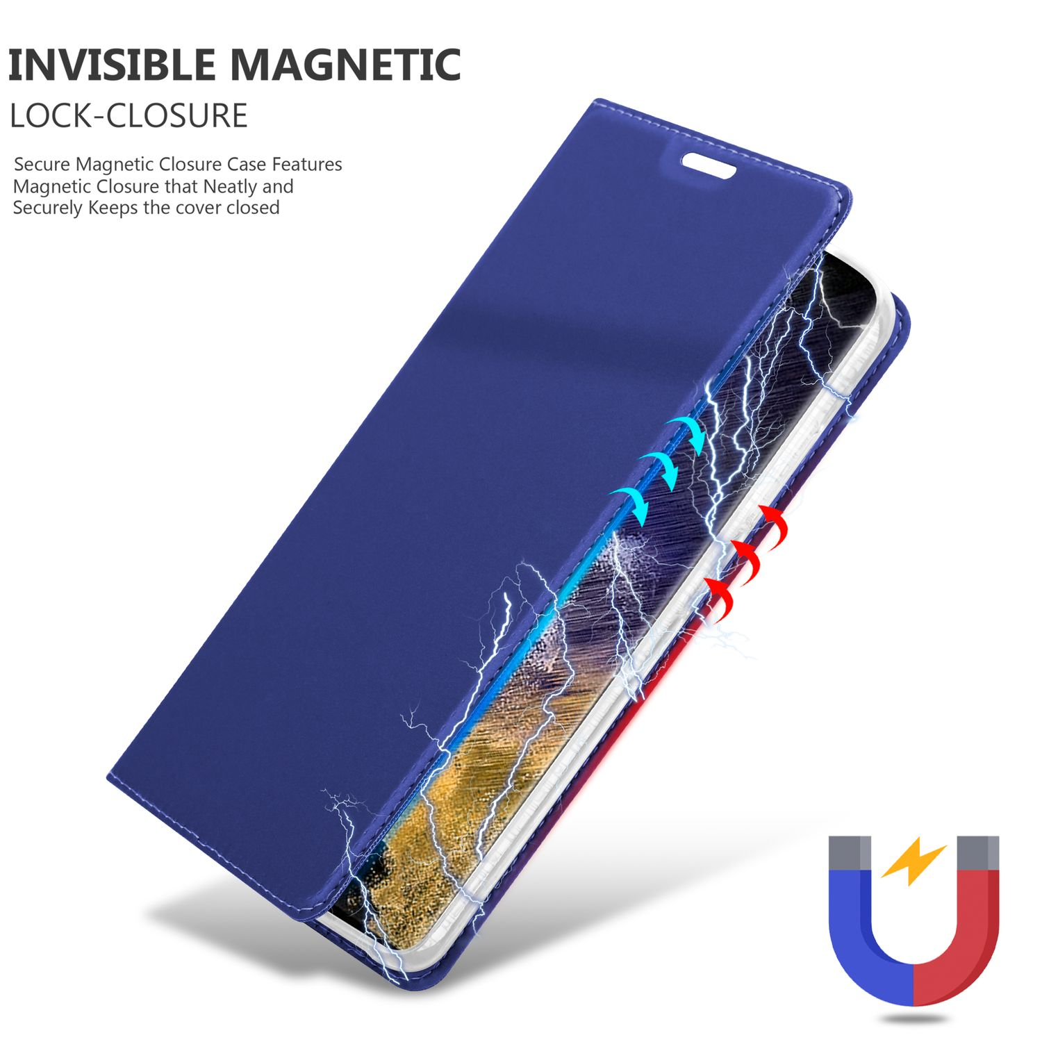Blaue Handyhülle mit Magnetverschluss, Blitzdesign. U-förmiges Magnet-Symbol.