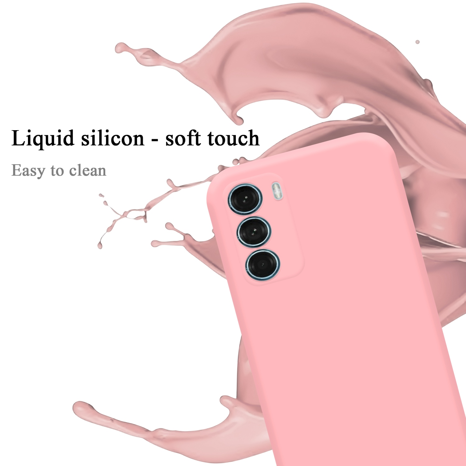 Rosa Handyhülle mit Kameralinsen. Rosa Spritzer im Hintergrund. Text: Flüssigsilikon - Soft-Touch, leicht zu reinigen.