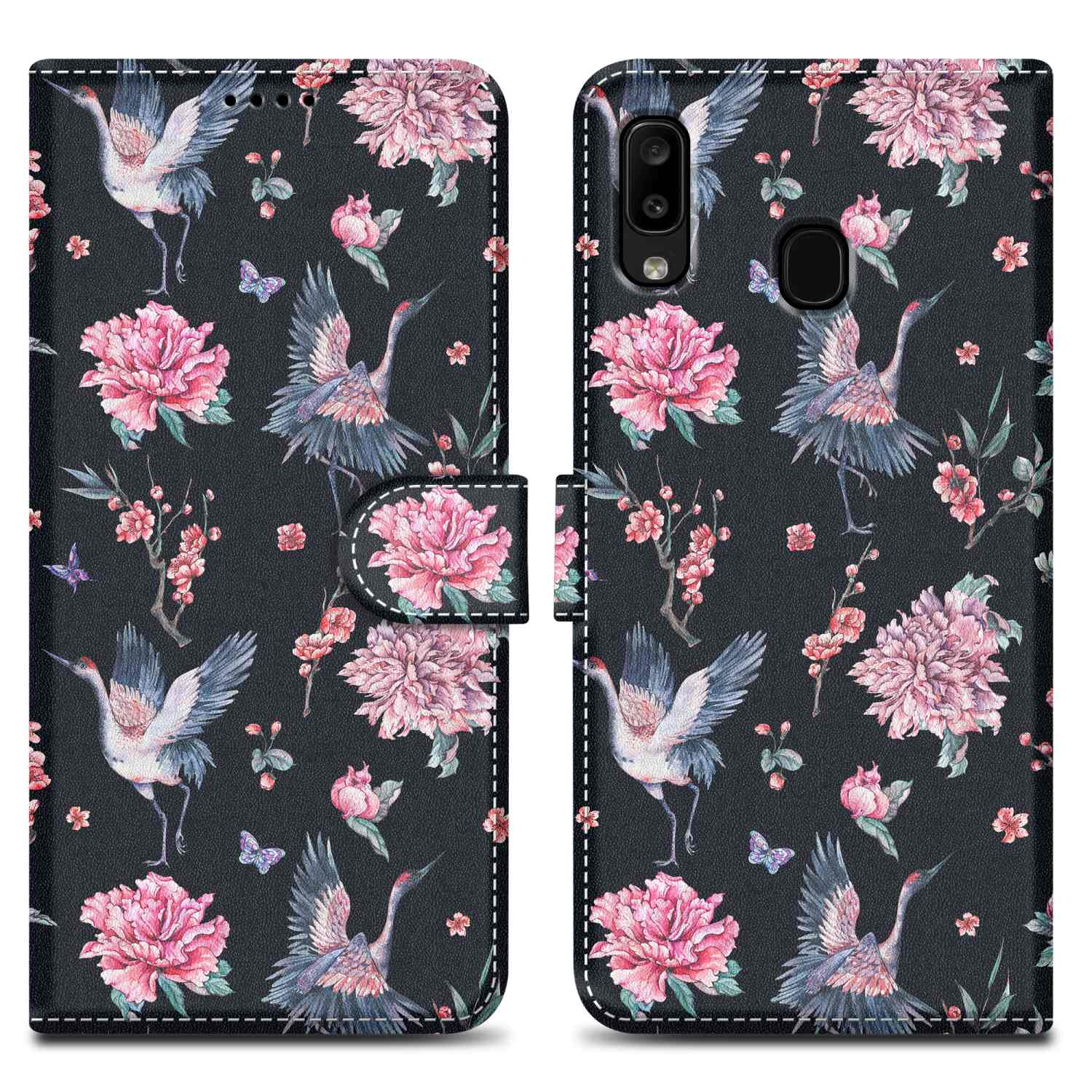 Custodia per telefono con gru e design floreale, con vista aperta e chiusa.